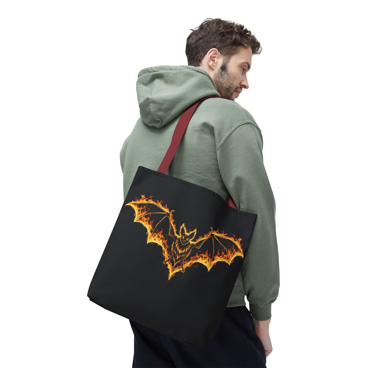 Flaming Bat Tote Bag, Gothic Halloween Canvas Tote, Fiery Wing Bat Design Tote, Spooky Season Accessory, Gothic Gift Tote