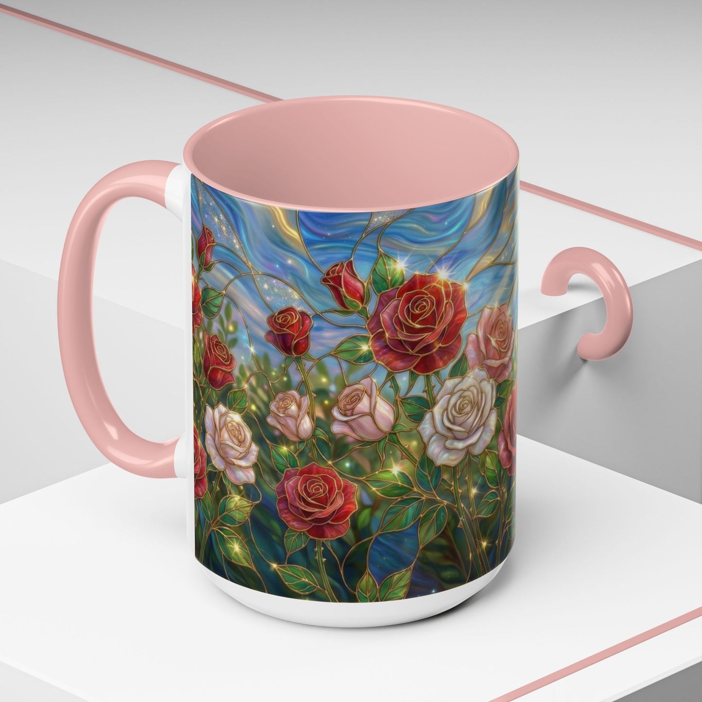Stained Glass Rose Garden Mug, Floral Rose Coffee Cup, Elegant Flower Mug, Blue Green Gold Glass Style Design, Romantic Gift For Her