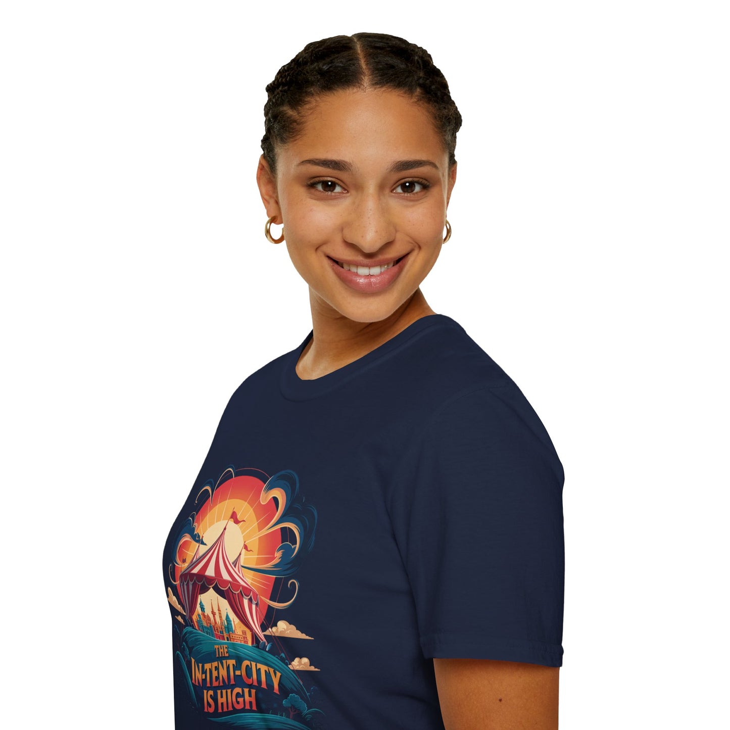 In-Tent-City Is High Retro Camp T-Shirt | Vintage Circus Tent + Cityscape Graphic | Funny Outdoors Urban Adventure Tee | Unisex Camper Shirt
