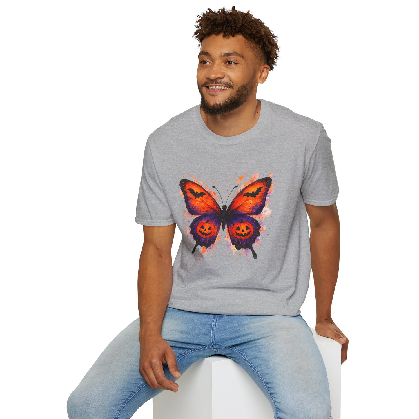 Halloween Watercolor Butterfly T-Shirt - Pumpkin Butterfly Tee, Spooky Butterfly Shirt, Bat and Jack-O'Lantern Wings, Fall Aesthetic Tee