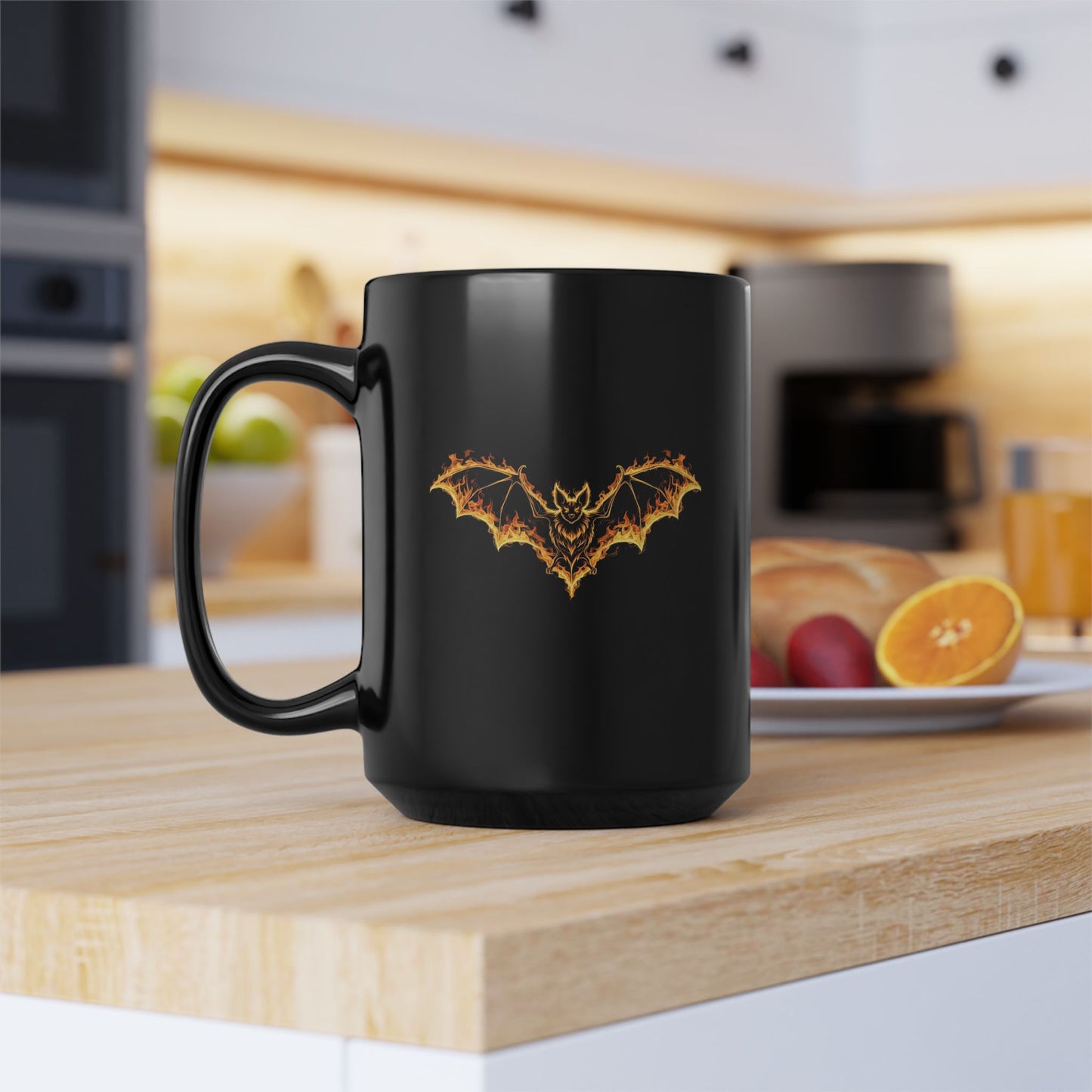 Flaming Bat Mug - Gothic Fire Bat Coffee Cup, Halloween Bat Mug, Spooky Gothic Horror Gift, Vampire Aesthetic Mug, 11oz and 15oz Black
