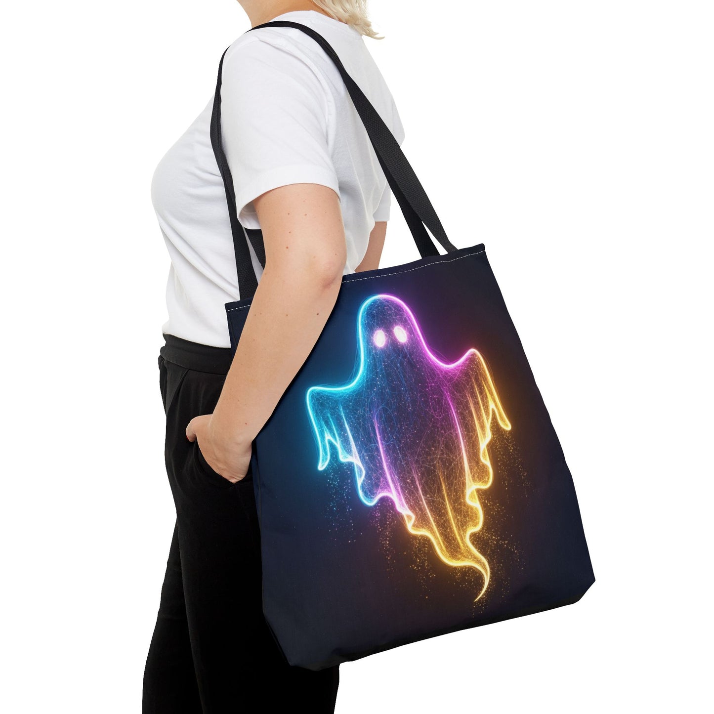 Neon Ghost Tote Bag - Bright Colorful Ghost Print Shoulder Tote, Spooky Cute Reusable Canvas Bag, Halloween Aesthetic Everyday Carry
