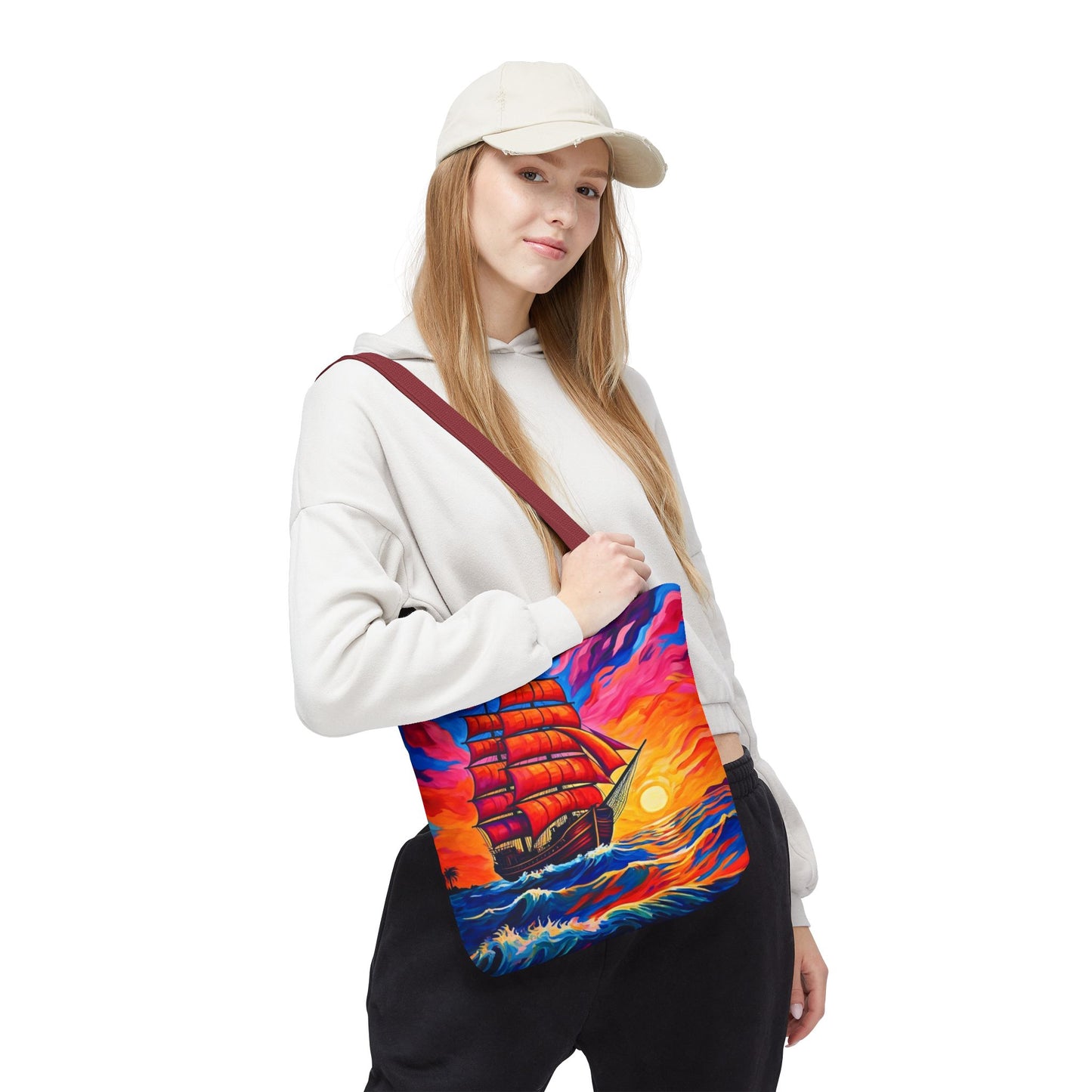 Crimson Voyage Tote Bag, Red Sailboat At Sunset Artistic Ocean Design, Nautical Reusable Tote For Beach, Travel, And Everyday Use