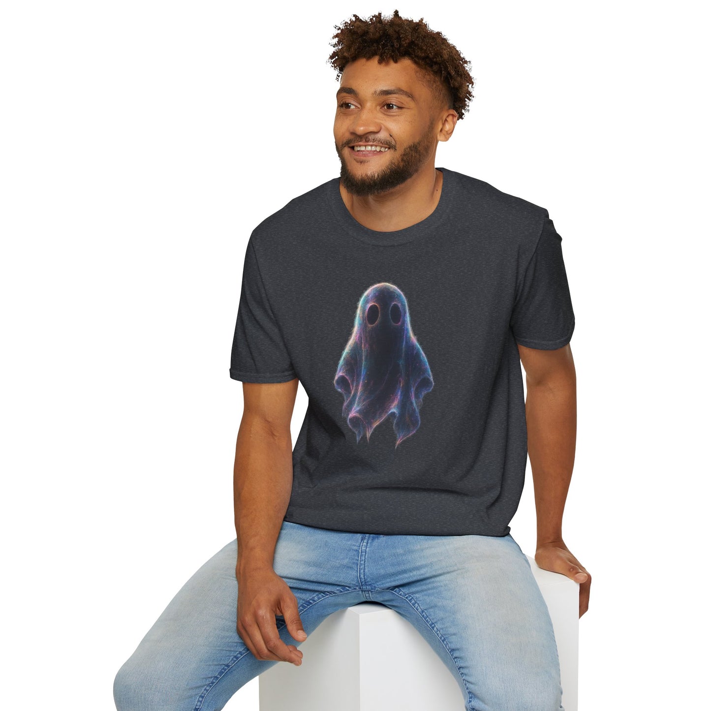 Ethereal Neon Ghost Tee - Iridescent Ghost Graphic T-Shirt, Spooky Aesthetic Halloween Shirt, Vibrant Vaporwave Ghost Tee for Fall