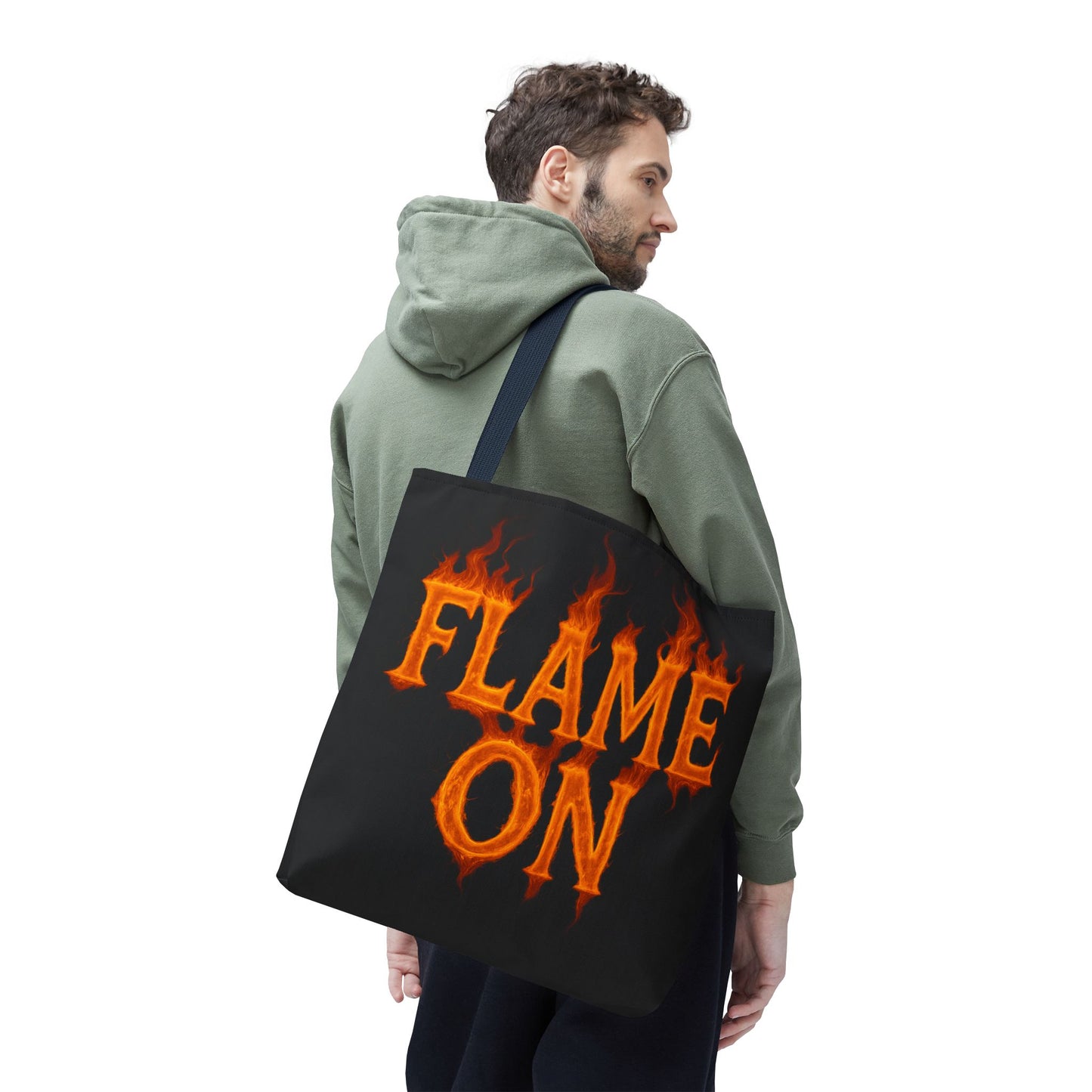 Flame On Tote Bag - Fire Typography Black Bag for Book Lovers, Gym, or Groceries | Bold Comic-Inspired Catchphrase Tote