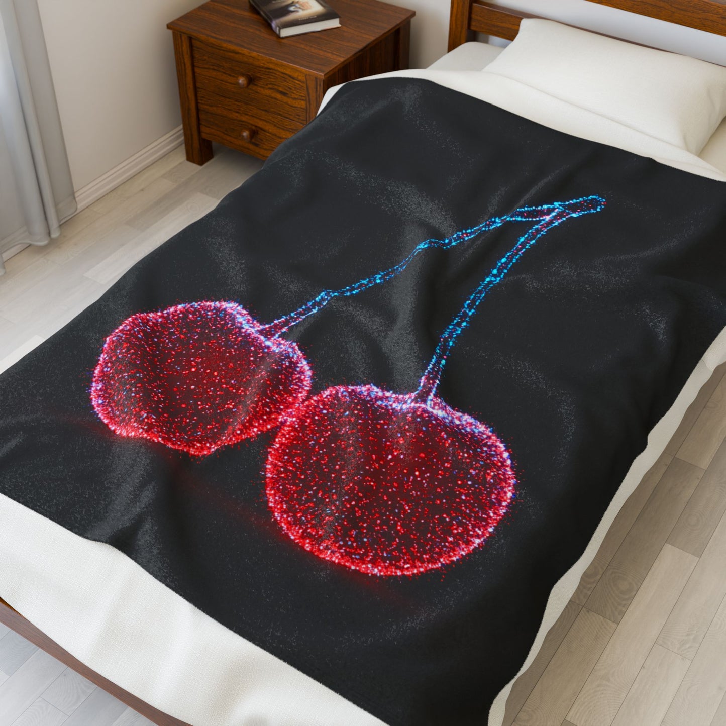 Plush Blanket with Bioluminescent Cherries Cherry Throw Cherry Decor Cherry Blanket