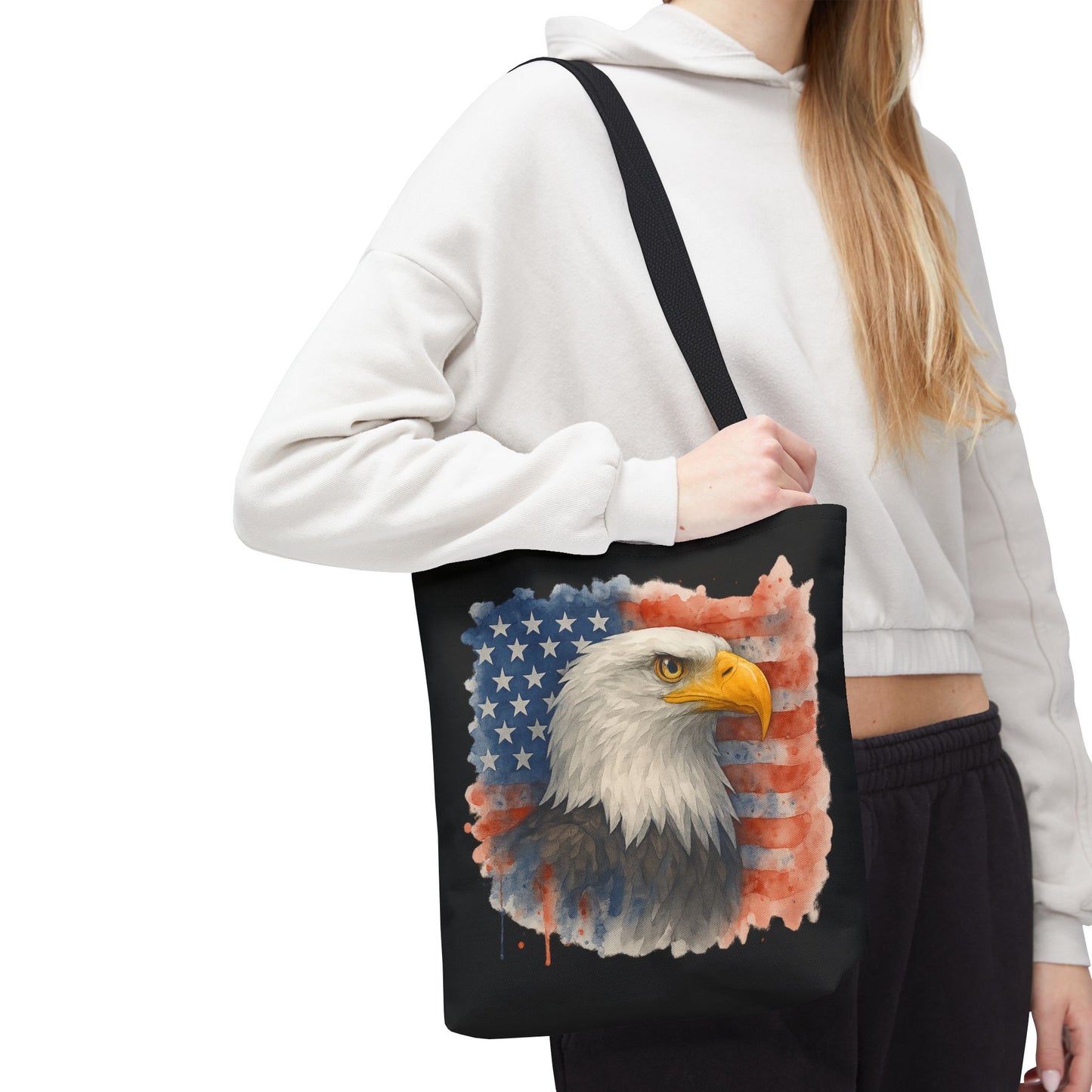 Patriotic Tote Bag with American Flag and Bald Eagle Watercolor Print 4th of July Bag Memorial Day Tote Veteran's Day Tote Bag