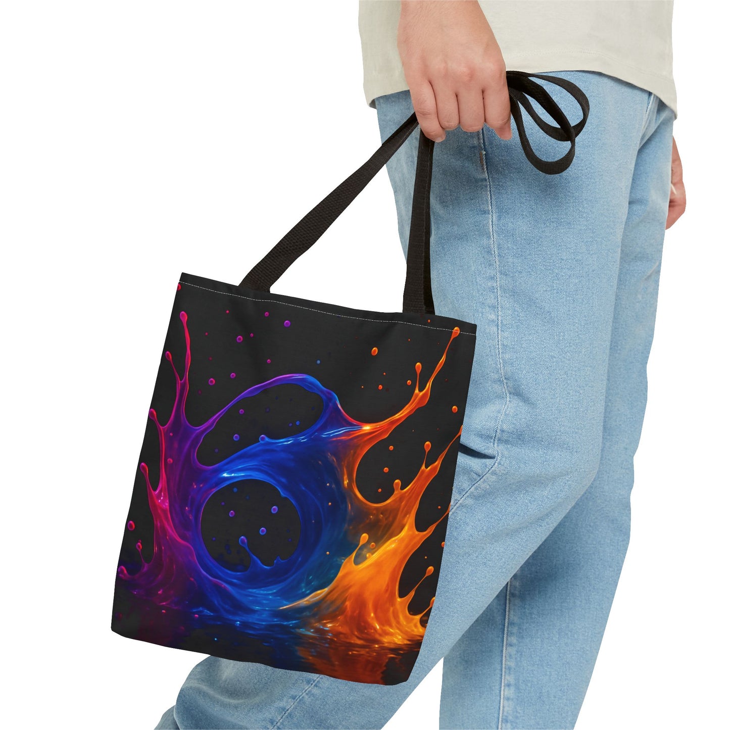 Elemental Fusion Tote Bag, Fire And Water Abstract Art Design, Vibrant Blue And Orange Splash Reusable Tote For Artists, Travel, And Everyday Use