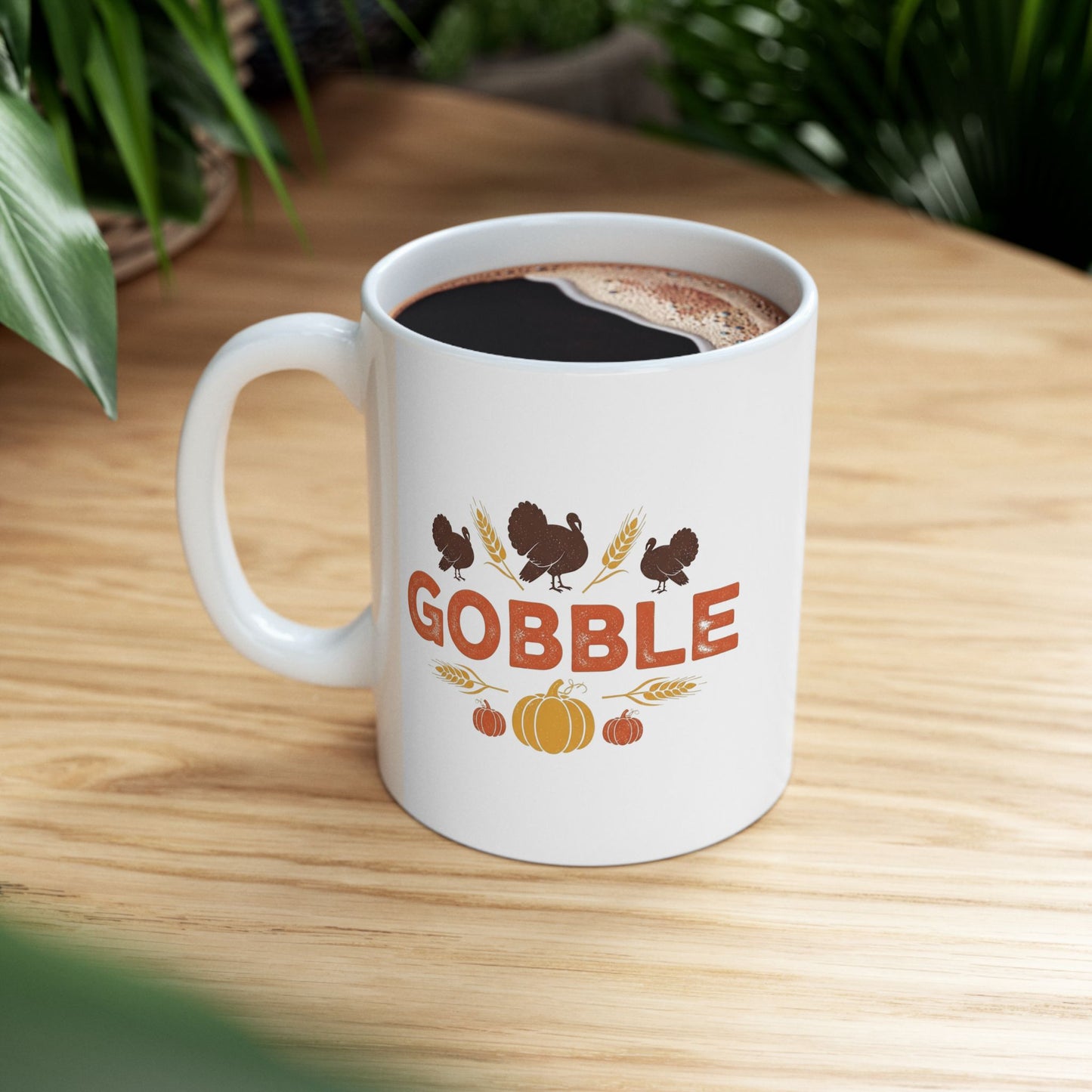 Gobble Thanksgiving Mug, Fall Turkey Coffee Cup With Pumpkins And Harvest Design, Festive Autumn Ceramic Mug For Holiday Decor And Gifts