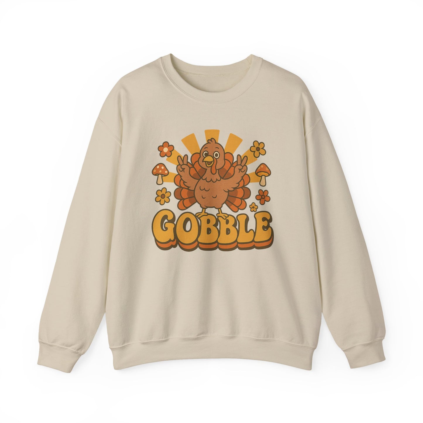 Gobble Turkey Sweatshirt, Retro Fall Turkey Crewneck, Thanksgiving Graphic Pullover, Autumn Mushroom & Flower Design, Cozy Fall Top