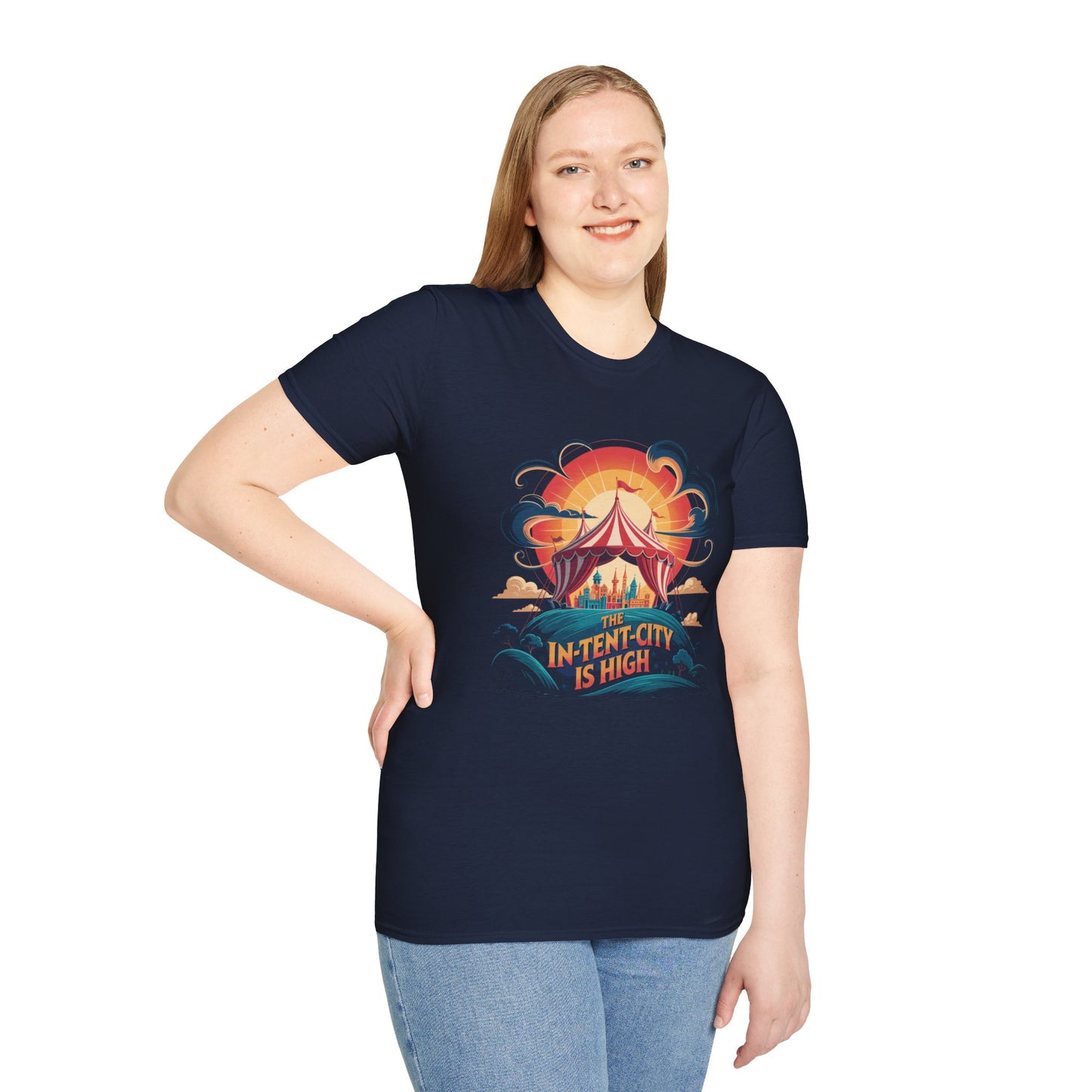 In-Tent-City Is High Retro Camp T-Shirt | Vintage Circus Tent + Cityscape Graphic | Funny Outdoors Urban Adventure Tee | Unisex Camper Shirt