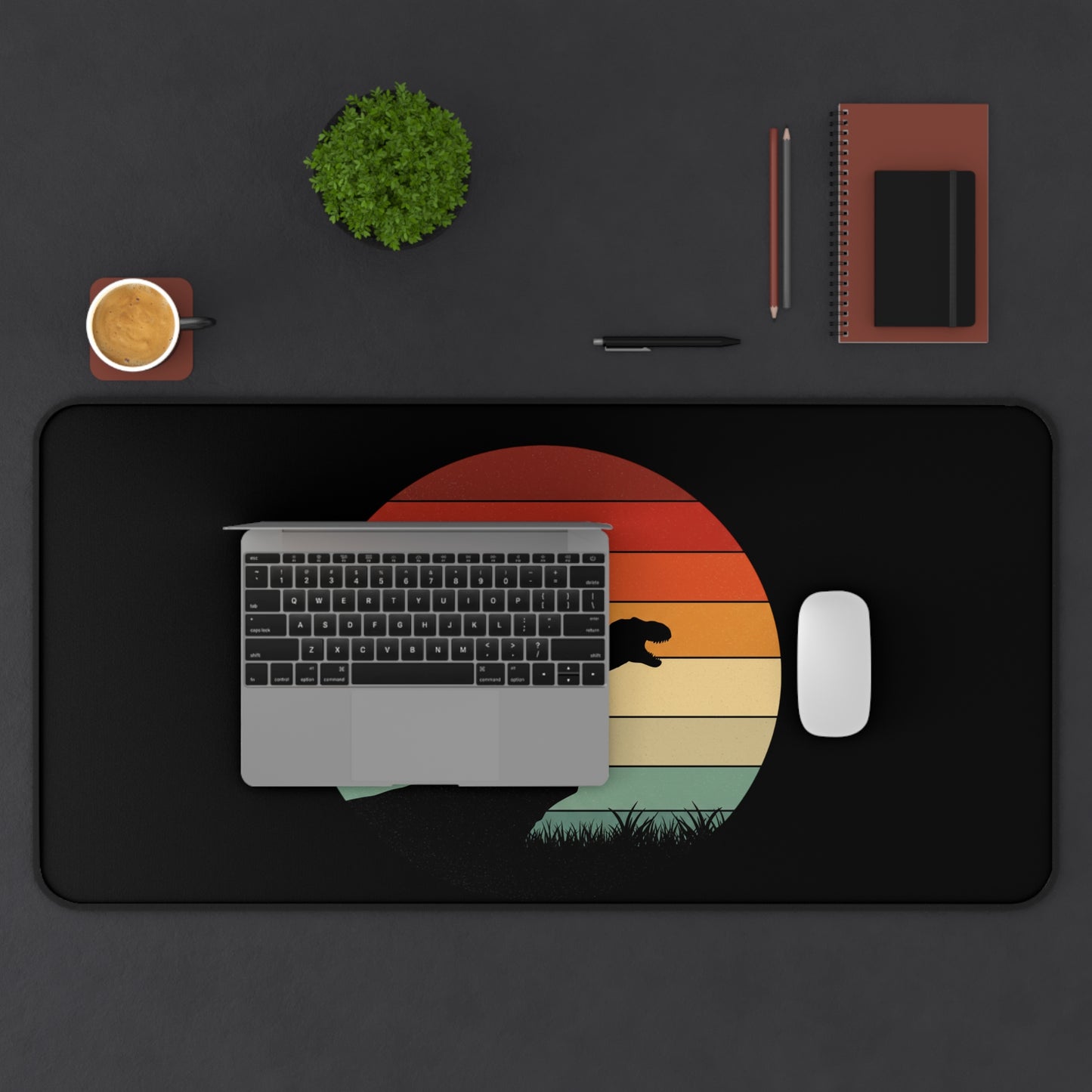 Retro T-Rex Sunset Desk Mat XL | Dinosaur Gaming and Office Mouse Pad - Non‑Slip Rug for Home, Kids, Paleontology Gift