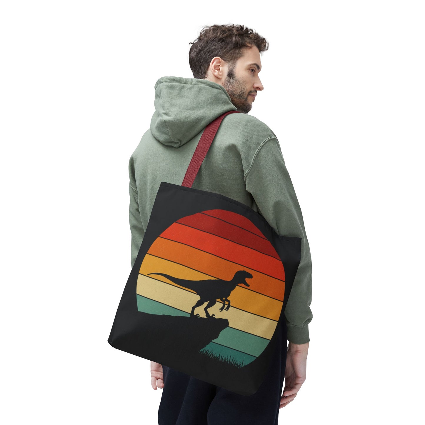 Retro Dino Sunset Tote Bag - Eco Canvas Dinosaur Beach Bag | Sustainable and Stylish Camping, Dino Lover Gift, Reusable Market Tote