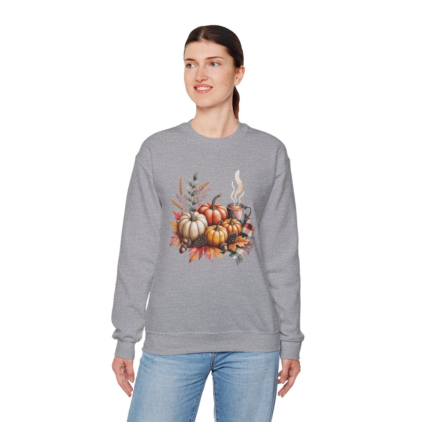 Fall Pumpkin Sweatshirt, Cozy Autumn Crewneck, Thanksgiving Sweater With Pumpkins And Coffee, Fall Leaves Pullover, Seasonal Gift