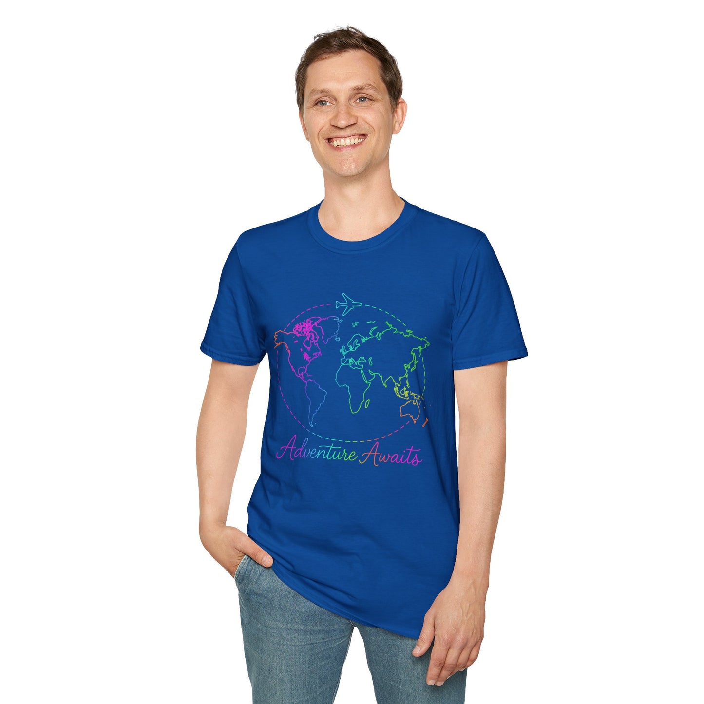 Adventure Awaits Neon Y2K Shirt - Retro Travel Tee, Rainbow Globe Graphic, Aesthetic Vacation Top, Y2K Gift for Travelers