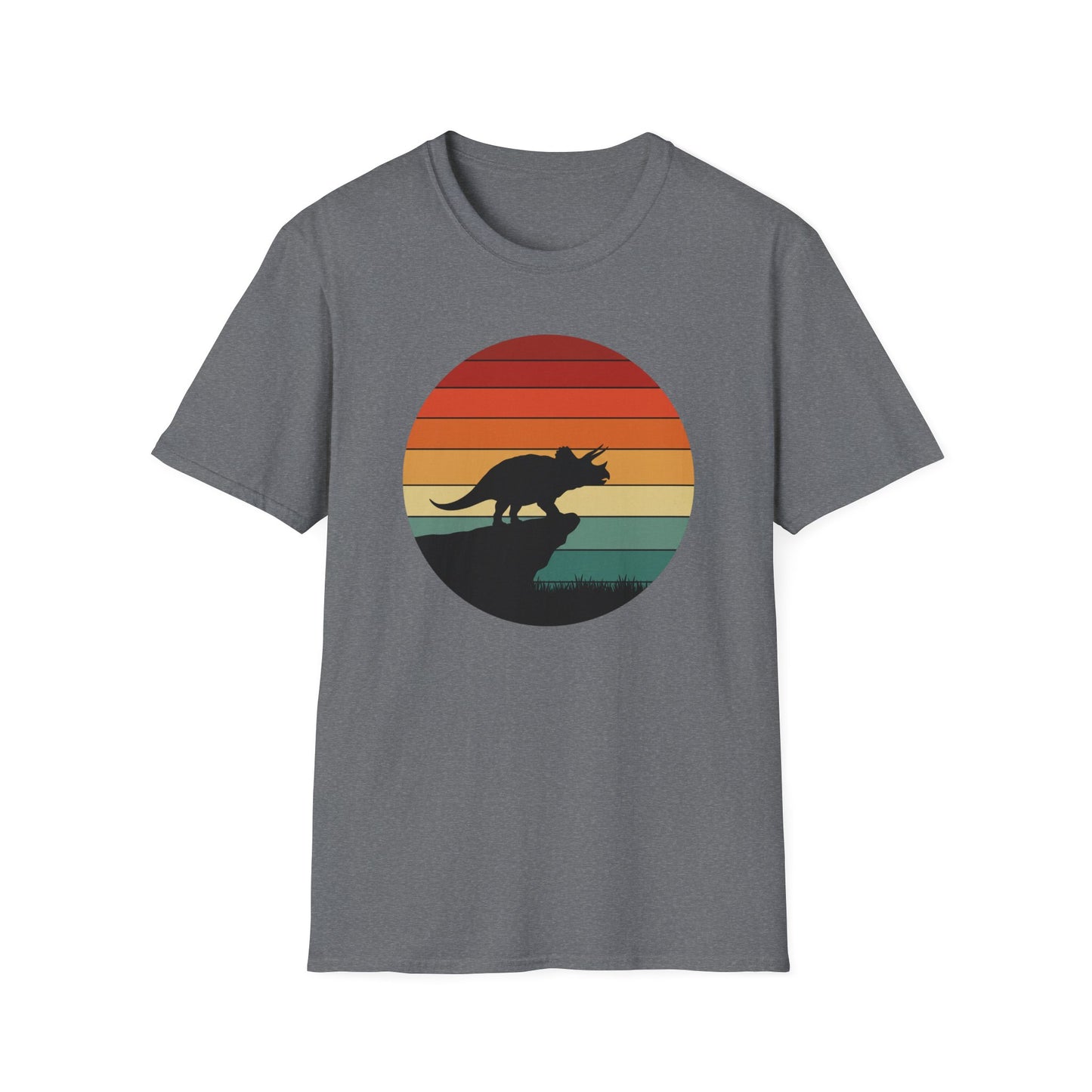 Retro Triceratops Sunset T-Shirt - Vintage Dino Graphic Tee - Unisex Softstyle Dinosaur Shirt - Nature and Prehistoric Lover Gift