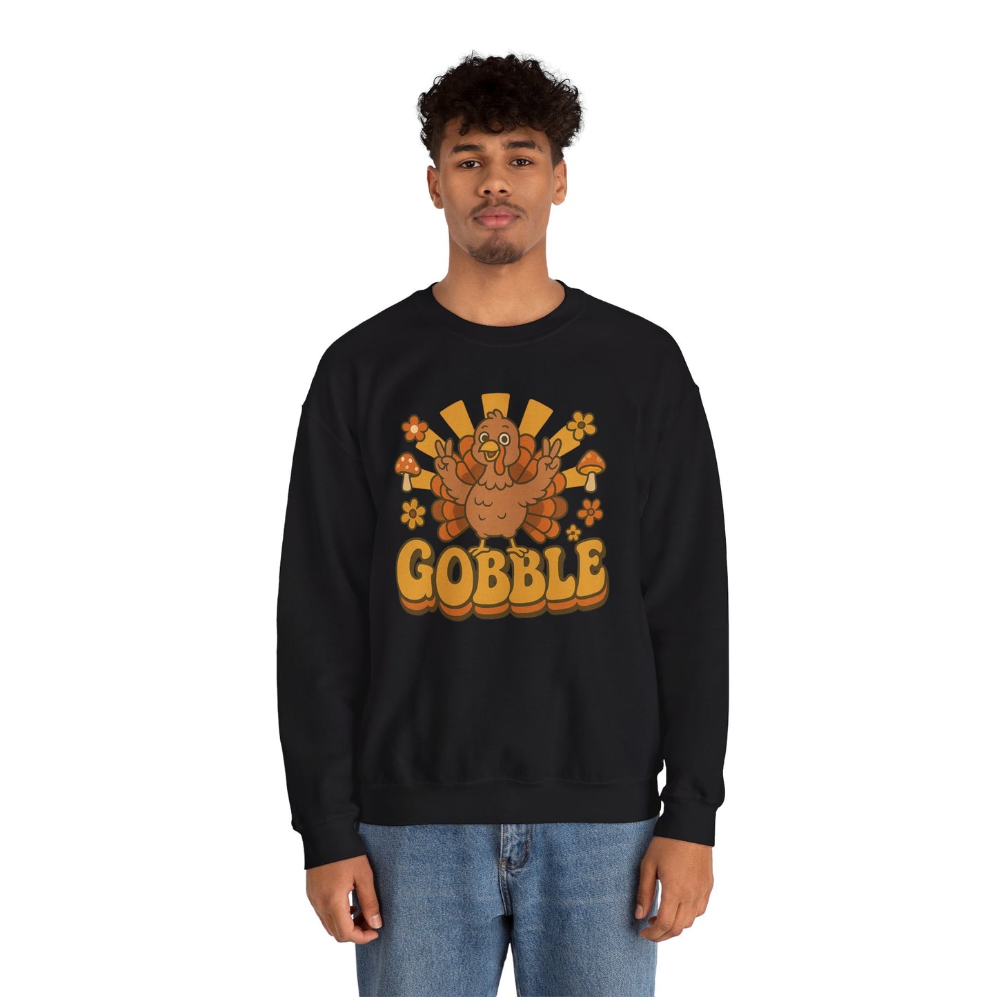 Gobble Turkey Sweatshirt, Retro Fall Turkey Crewneck, Thanksgiving Graphic Pullover, Autumn Mushroom & Flower Design, Cozy Fall Top