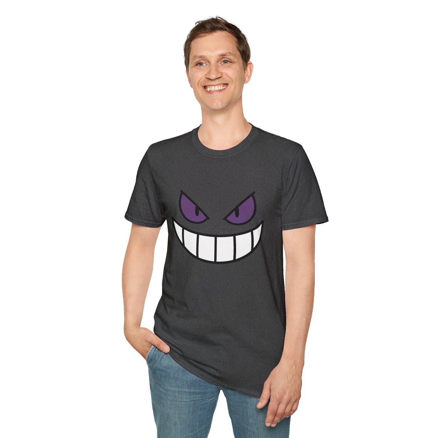 Mischievous Shadow Face Tee - Purple Eyes and Big Grin Graphic Shirt | Spooky Cute Gift, Retro Gaming Vibe, Funny Halloween Unisex Top