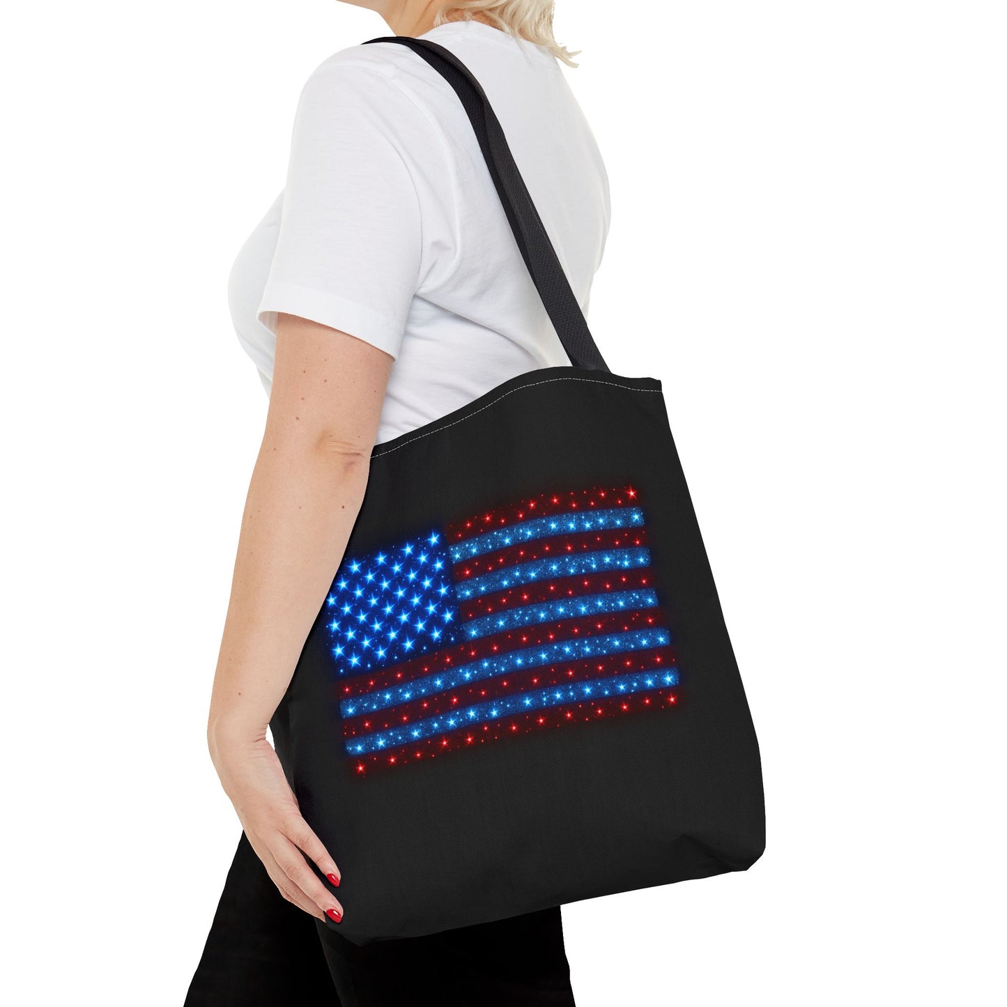 Galaxy Bioluminescent USA Flag Tote Bag - Patriotic Cosmic Canvas Shopper - Starry Red White Blue Tote Non-Glow - 4th July Gift