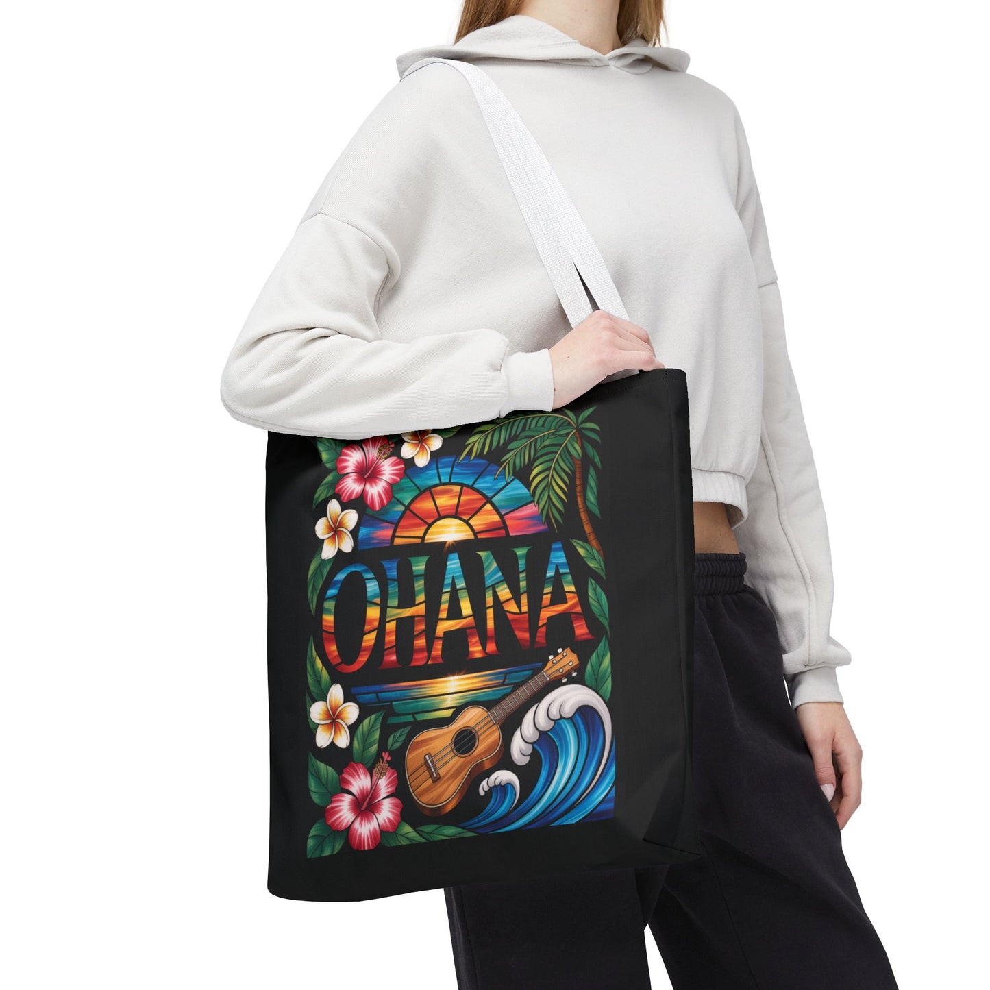 Ohana Tote Bag – Hawaiian Tropical Beach Bag with Ukulele, Sunset & Hibiscus Flowers, Island Gift for Women, Aloha Family Vibes