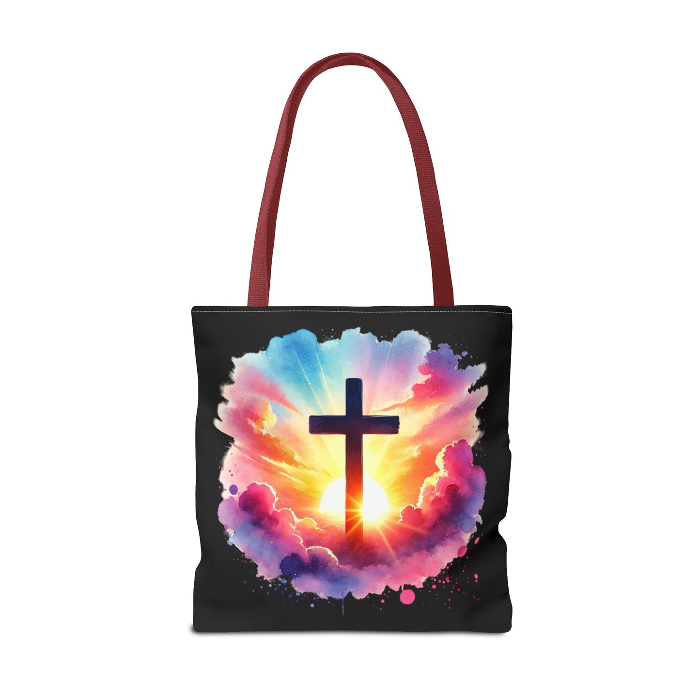 Inspirational Watercolor Sunrise Cross Tote Bag – Faith Art Canvas Tote, Christian Gift, Spiritual Aesthetic, Colorful Bible Verse Tote – Reusable Black Tote