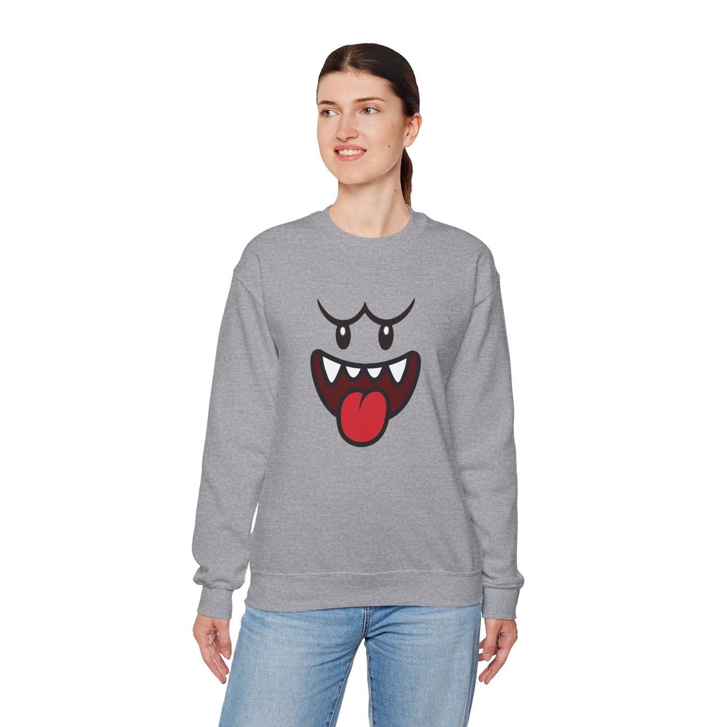 Spooky Grin Sweatshirt, Cartoon Ghost Face Crewneck, Halloween Grinning Ghost Sweatshirt, Cute Monster Smile Pullover, Spooky Season Graphic Sweat