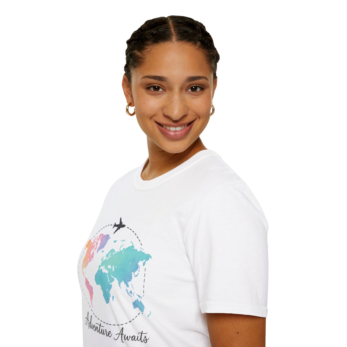 Adventure Awaits Travel Shirt | Watercolor World Map Tee for Women and Men | Wanderlust Gift for Travelers, Hikers, Campers, Beach Lovers