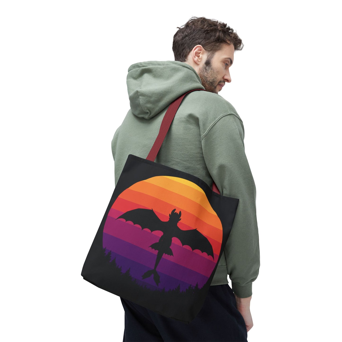 Sunset Dragon Flight Tote Bag, Reusable Eco-Friendly Shoulder Bag With Silhouette Design, Aesthetic Black Tote For Everyday Use And Gifts