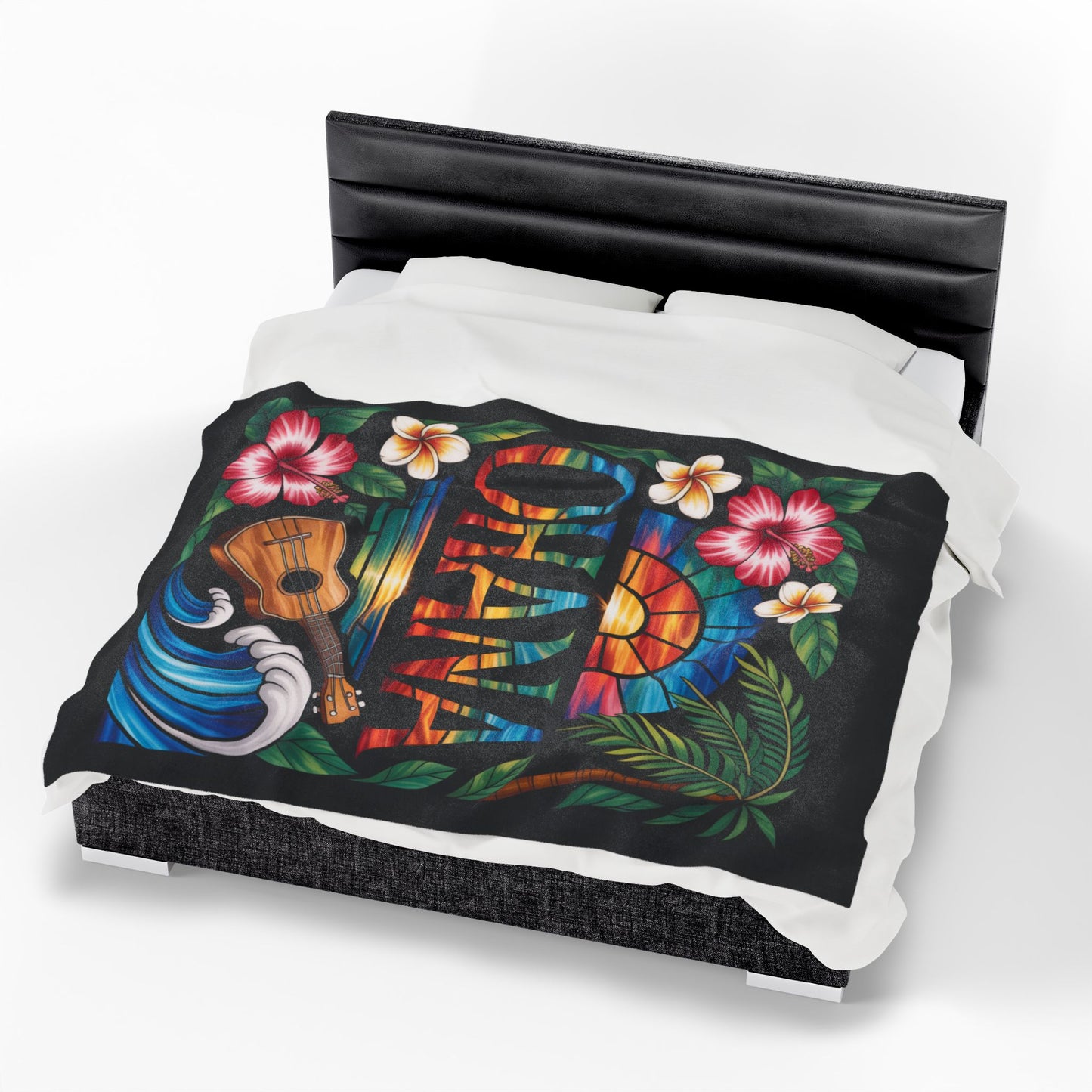 Hawaiian Ohana Blanket - Tropical Ukulele Sunset Throw with Hibiscus Flowers, Beach Waves - Cozy Island Vibes Bed Cover Gift