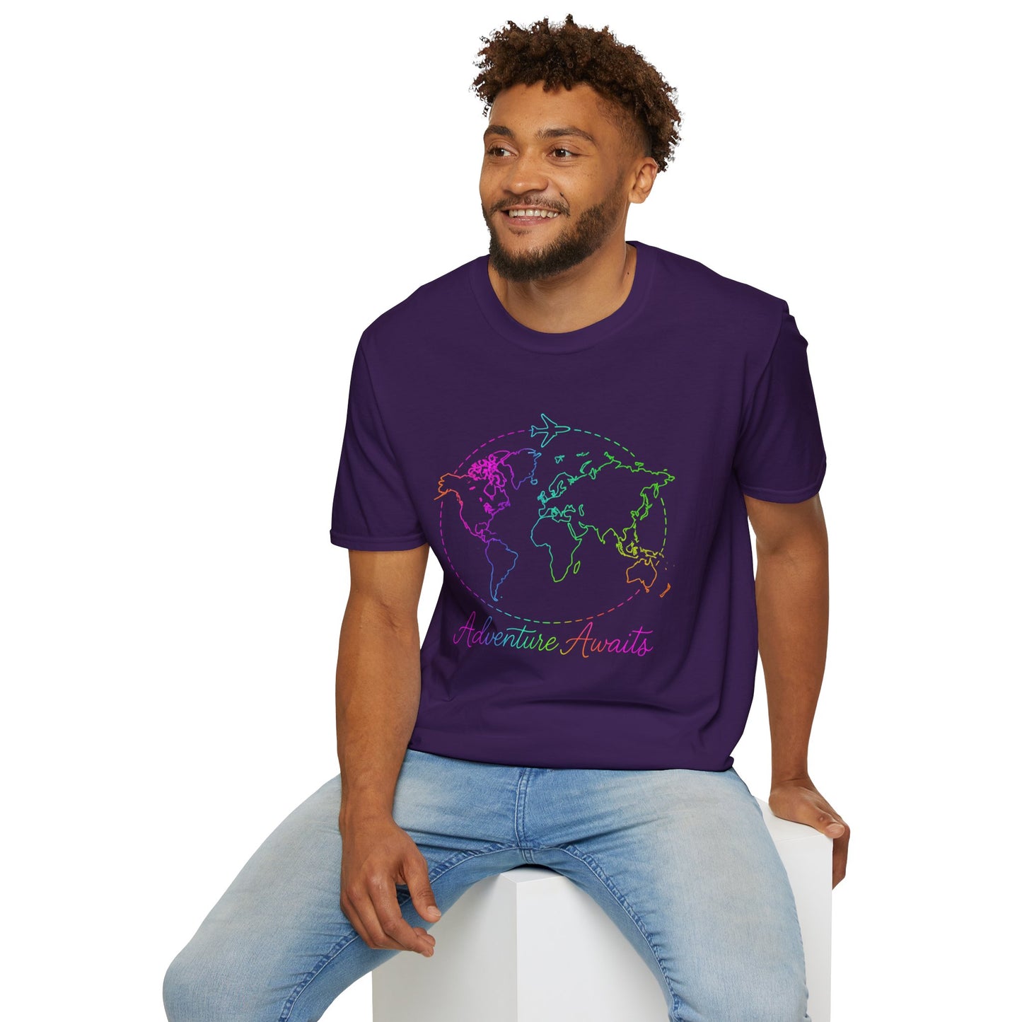 Adventure Awaits Neon Y2K Shirt - Retro Travel Tee, Rainbow Globe Graphic, Aesthetic Vacation Top, Y2K Gift for Travelers
