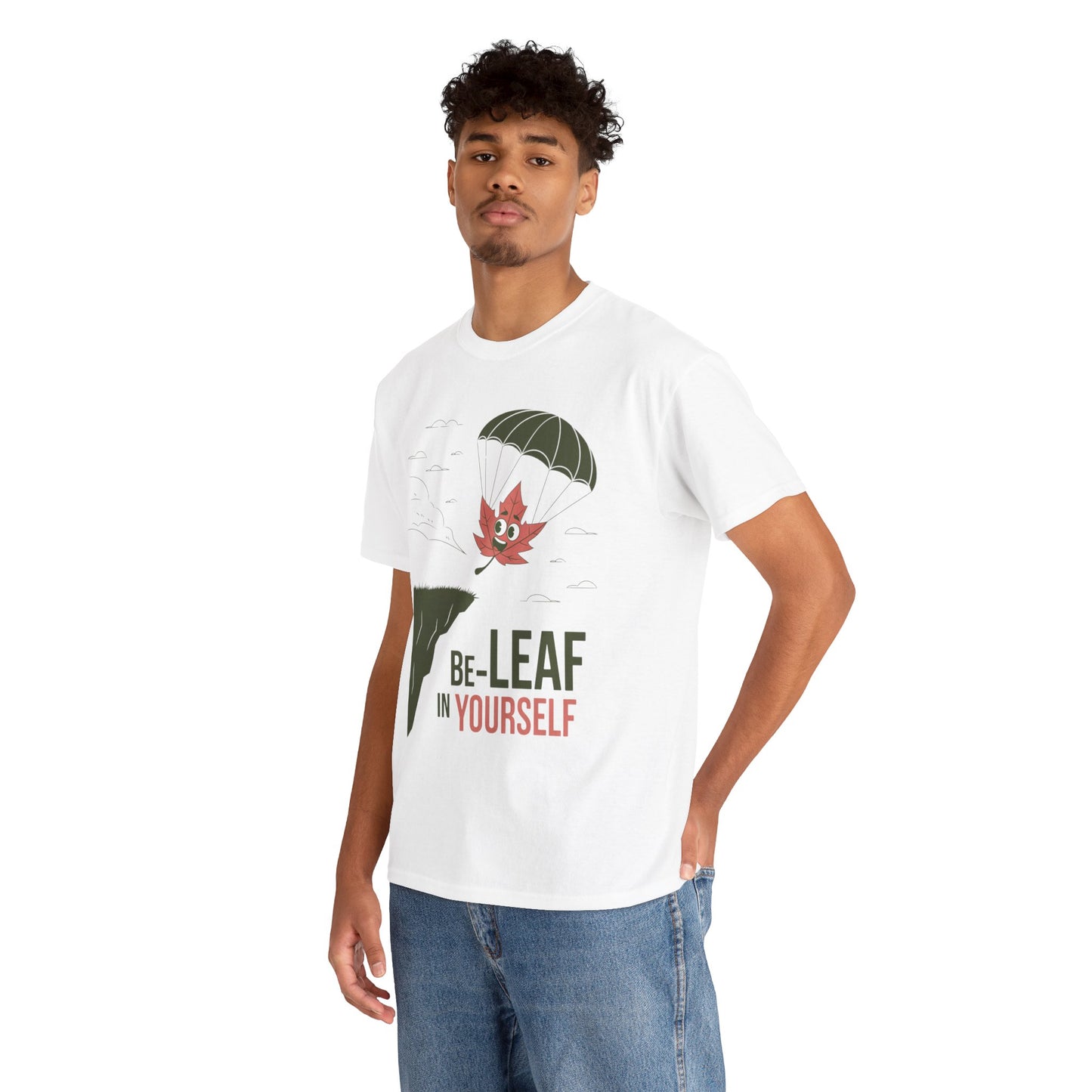 Be-Leaf In Yourself Maple Leaf Parachute T-Shirt | Funny Motivational Nature Graphic Tee | Self-Love Fall Autumn Shirt | Outdoorsy Gift