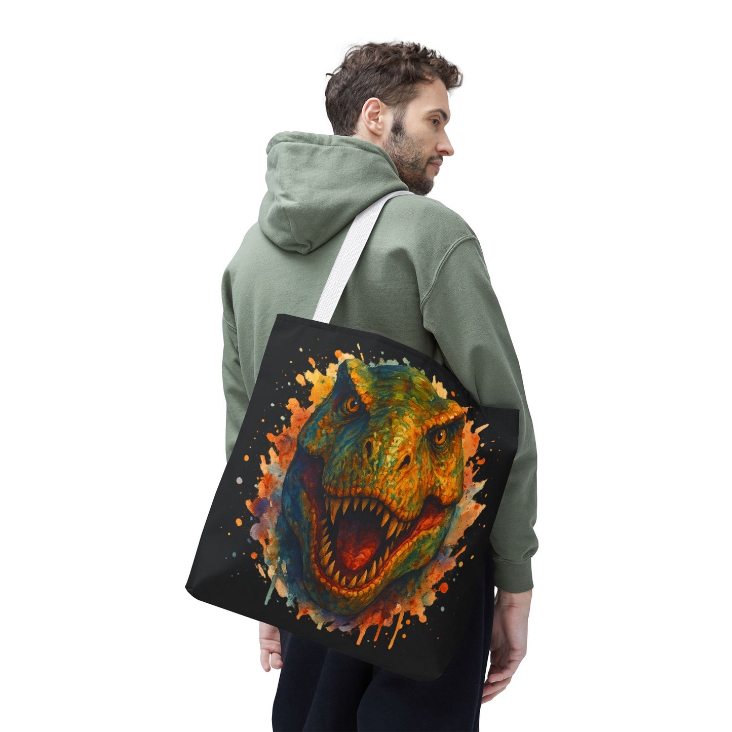 T-Rex Watercolor Tote Bag - 100% Polyester Canvas, Vibrant Dinosaur Art Bag, Reusable Beach-Market Tote, Dino Lover Gift, Bold Style