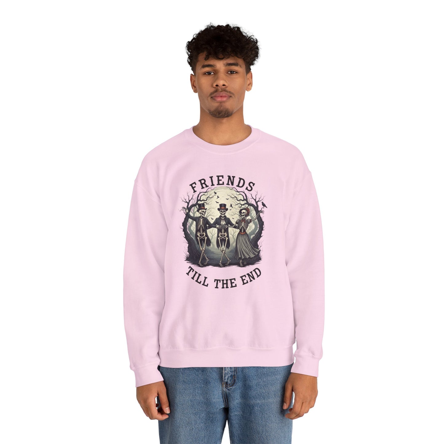 Friends Till The End Skeleton Sweatshirt | Dancing Skeletons Halloween Crewneck | Spooky Fall Graphic Pullover Gift for Bestie