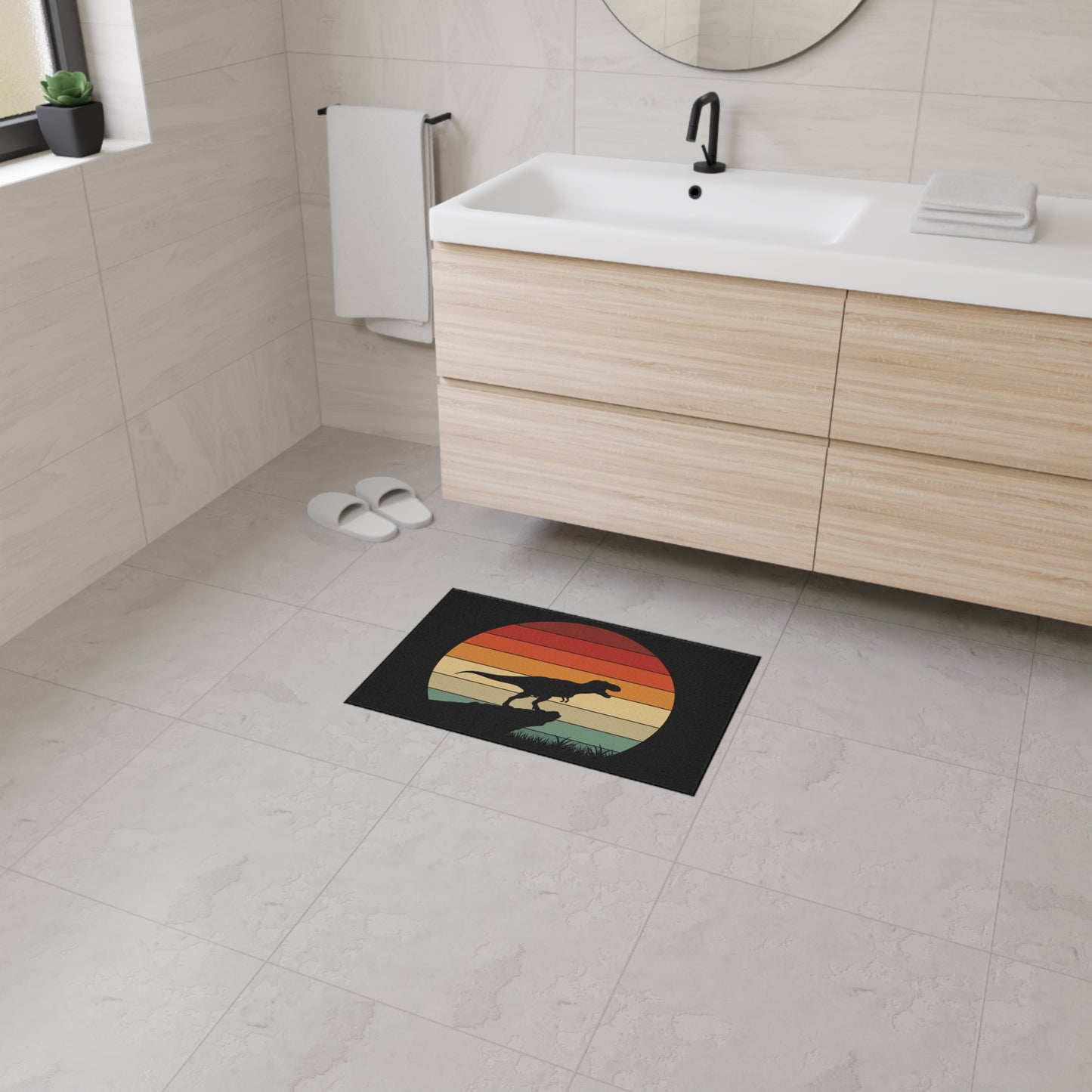 Retro T-Rex Sunset Floor Mat | Heavy Duty Playroom Rug - Non-Slip Dinosaur Entrance Mat for Kids Room, Home, Nursery Decor