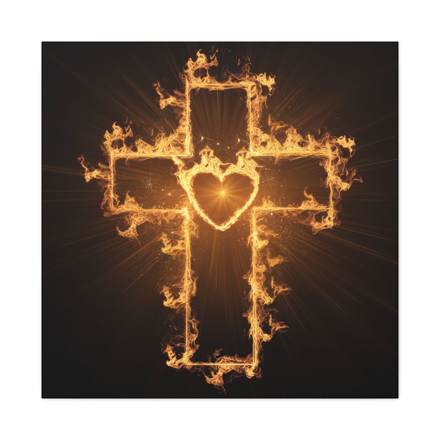 Flaming Heart and Cross Christian Wall Art Canvas