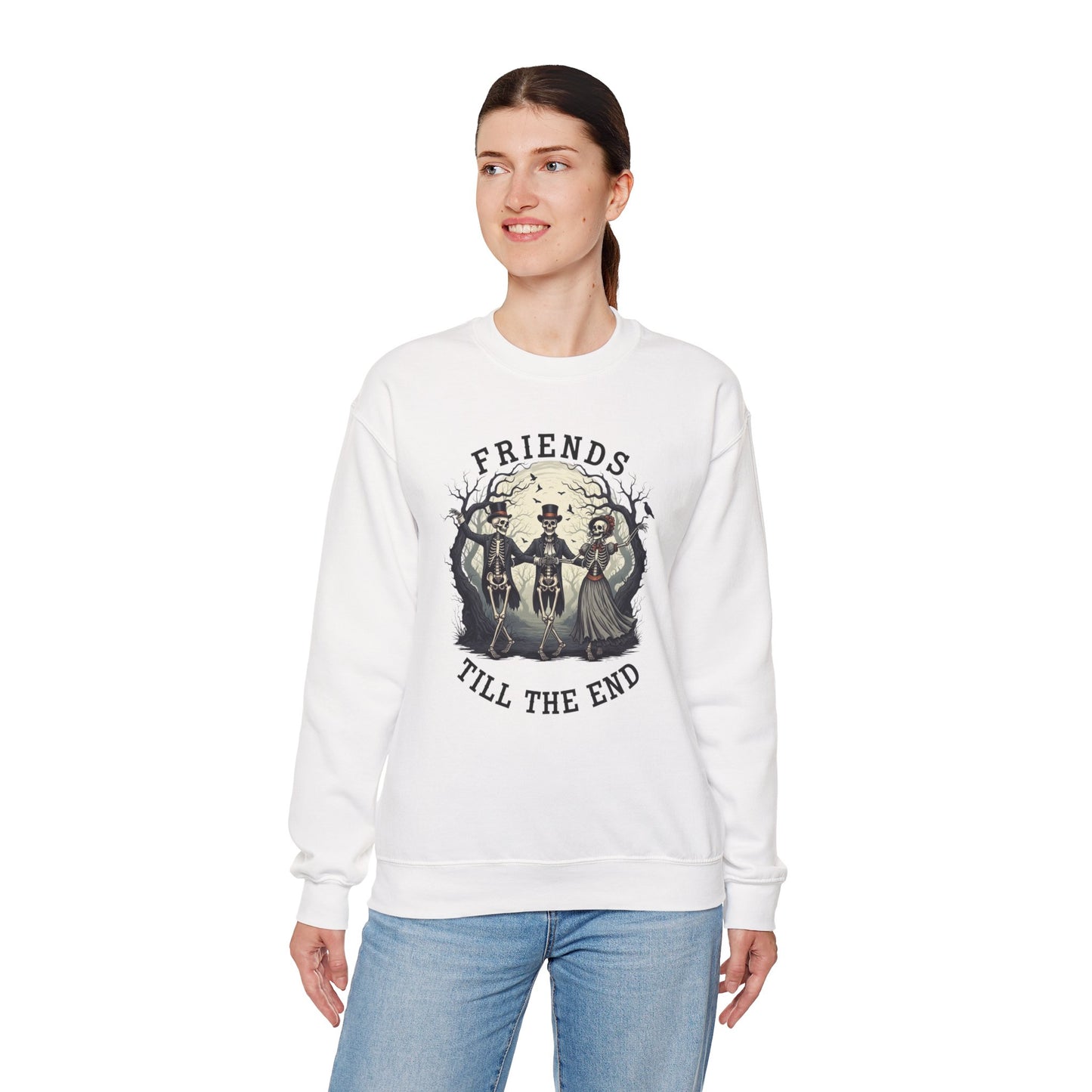 Friends Till The End Skeleton Sweatshirt | Dancing Skeletons Halloween Crewneck | Spooky Fall Graphic Pullover Gift for Bestie