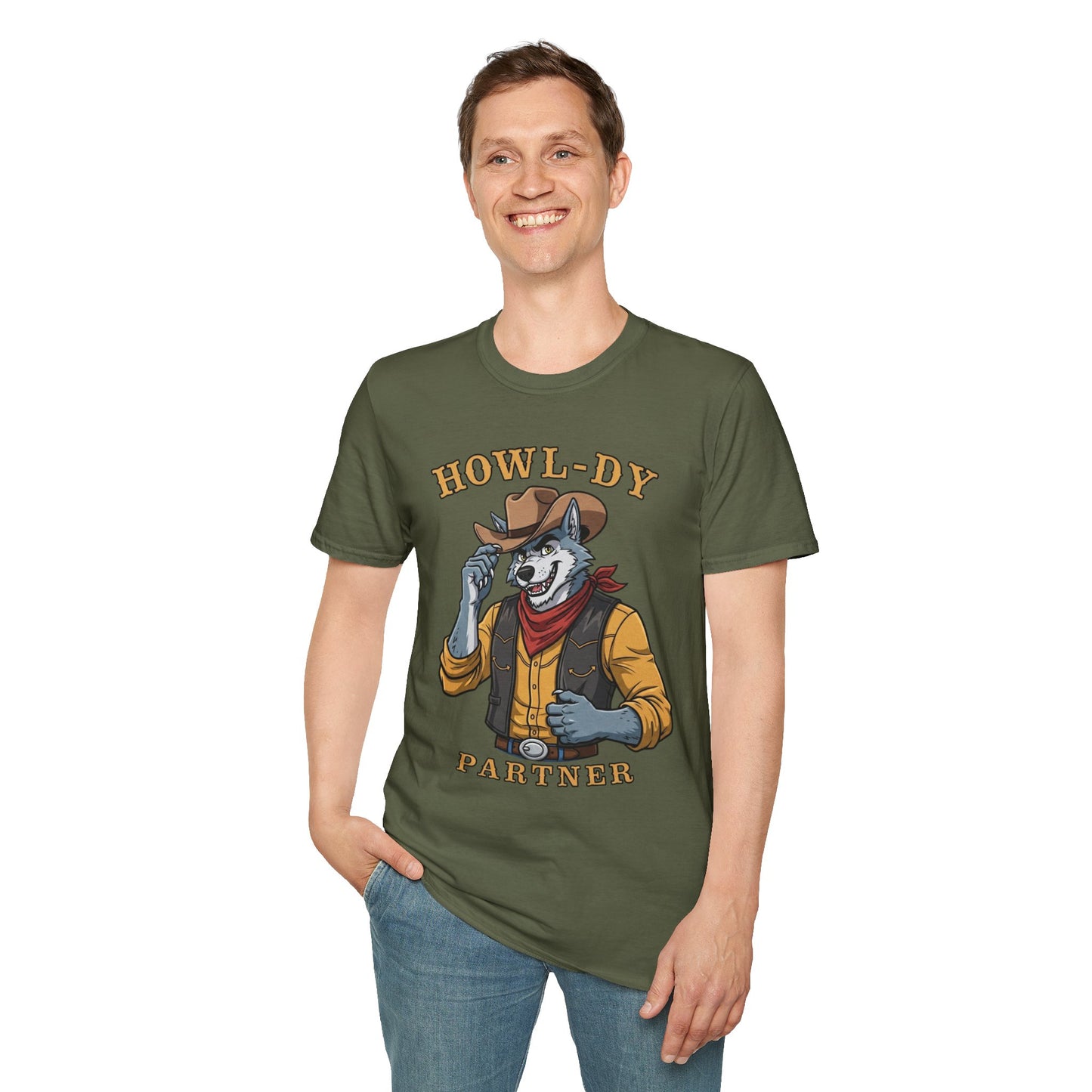 Howl-dy Partner Wolf Cowboy T-Shirt | Western Howling Wolf Graphic Tee, Funny Animal Shirt, Cowboy Gifts, Rustic Country Tee