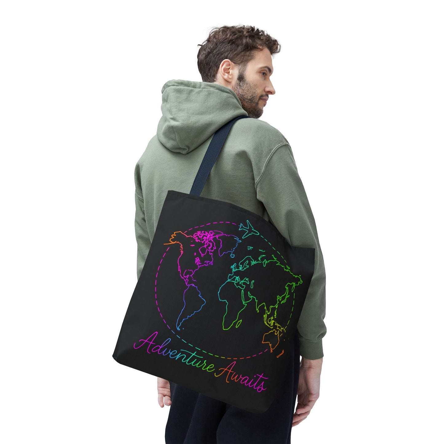 Adventure Awaits Neon Tote Bag - Y2K Rainbow World Map and Plane Travel Tote, Reusable Canvas Tote for Airport, Beach, Market + Gift