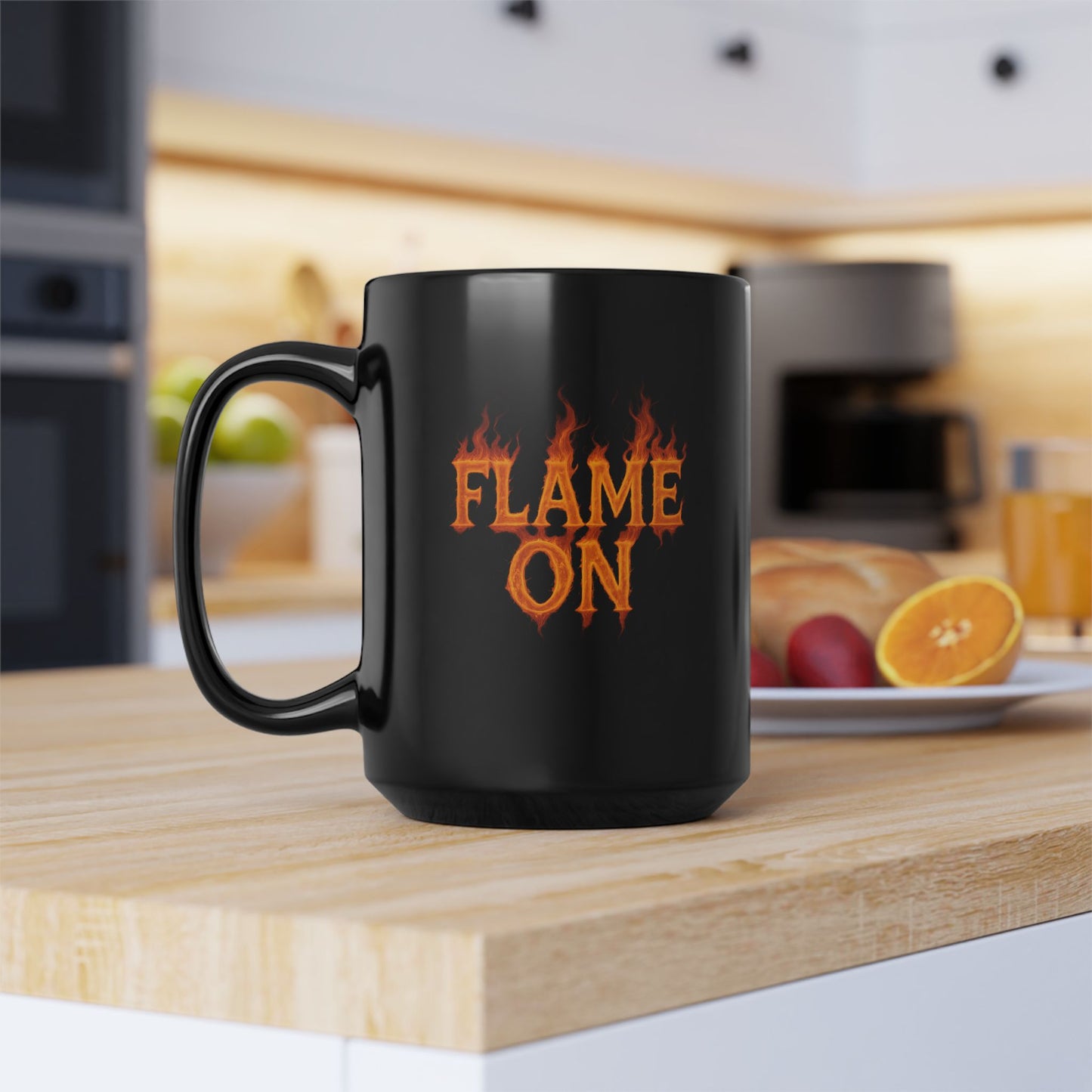 Flame On Mug - Fire Typography Coffee Cup for Superhero Fans, Hot Drink Black Mug, Comic Style Gift, Hero Catchphrase Energy
