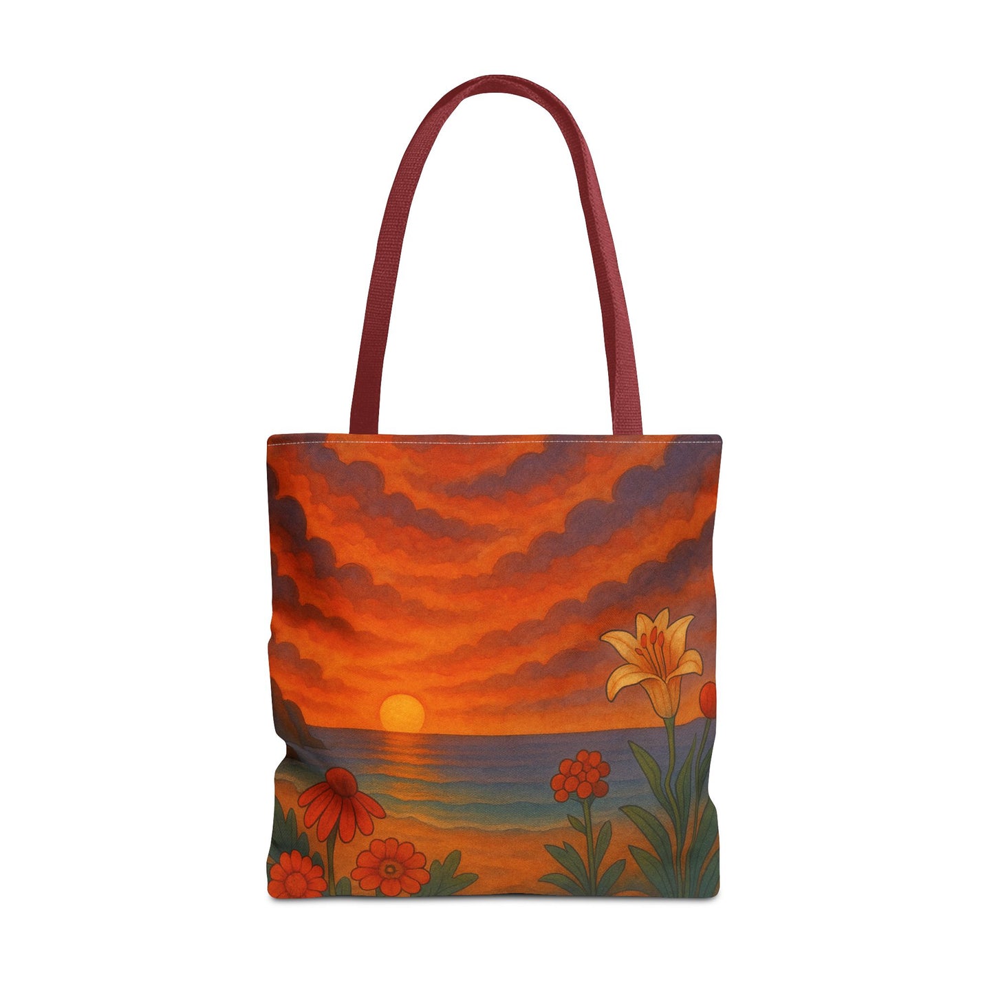 Retro Sunset Tote Bag with Wildflowers – Vibrant Floral Landscape Art, Nature-Inspired Reusable Bag, 70s Style Summer Accessory