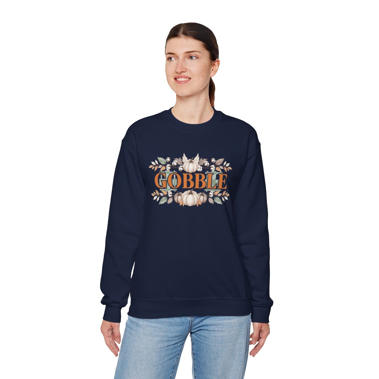 Gobble Thanksgiving Sweatshirt, Neutral Fall Pumpkin Crewneck, Autumn Cotton Stems Leaves Pullover, Cozy Rustic Thanksgiving Top
