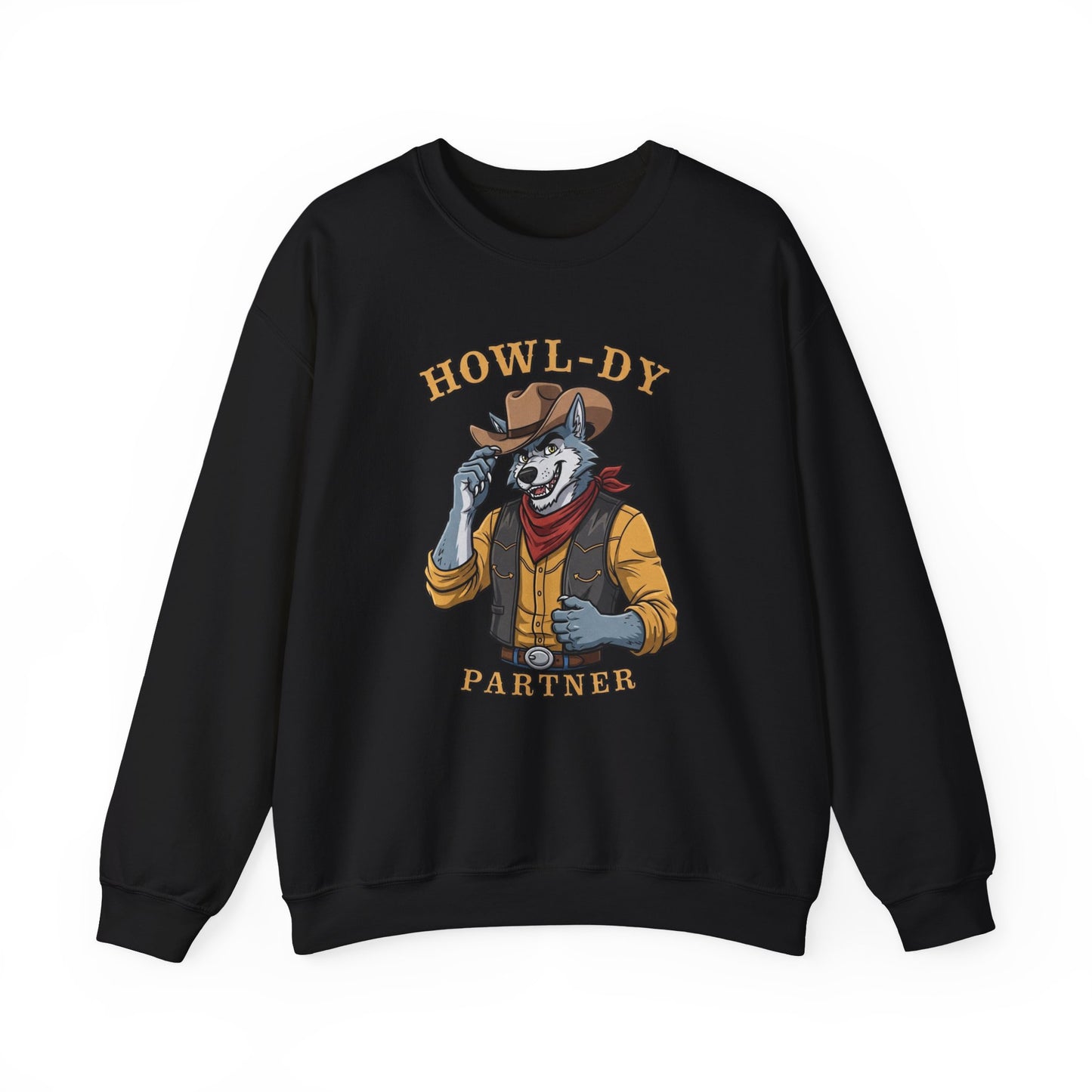 Howl-dy Partner Wolf Sweatshirt, Cowboy Werewolf Halloween Crewneck, Western Spooky Graphic Pullover for Animal Lover Gift Sweatshirt