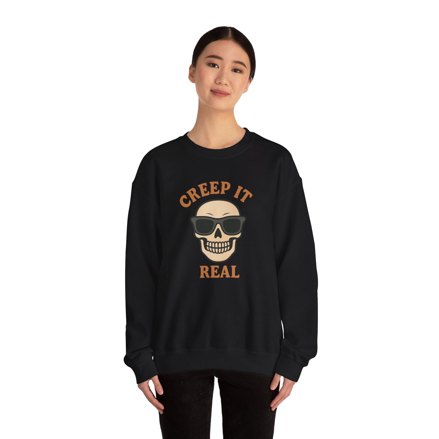 Creep It Real Skull Sweatshirt, Funny Halloween Skull Crewneck, Spooky Skeleton Pullover, Dark Graphic Sweatshirt, Unisex Halloween Gift