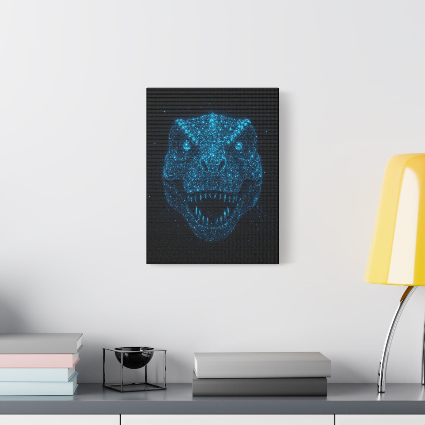 T-Rex Canvas Art - Blue Bioluminescent Particles Dinosaur Wall Decor, Modern Sci-Fi Bedroom Print, Kids and Adult Room Art Gift