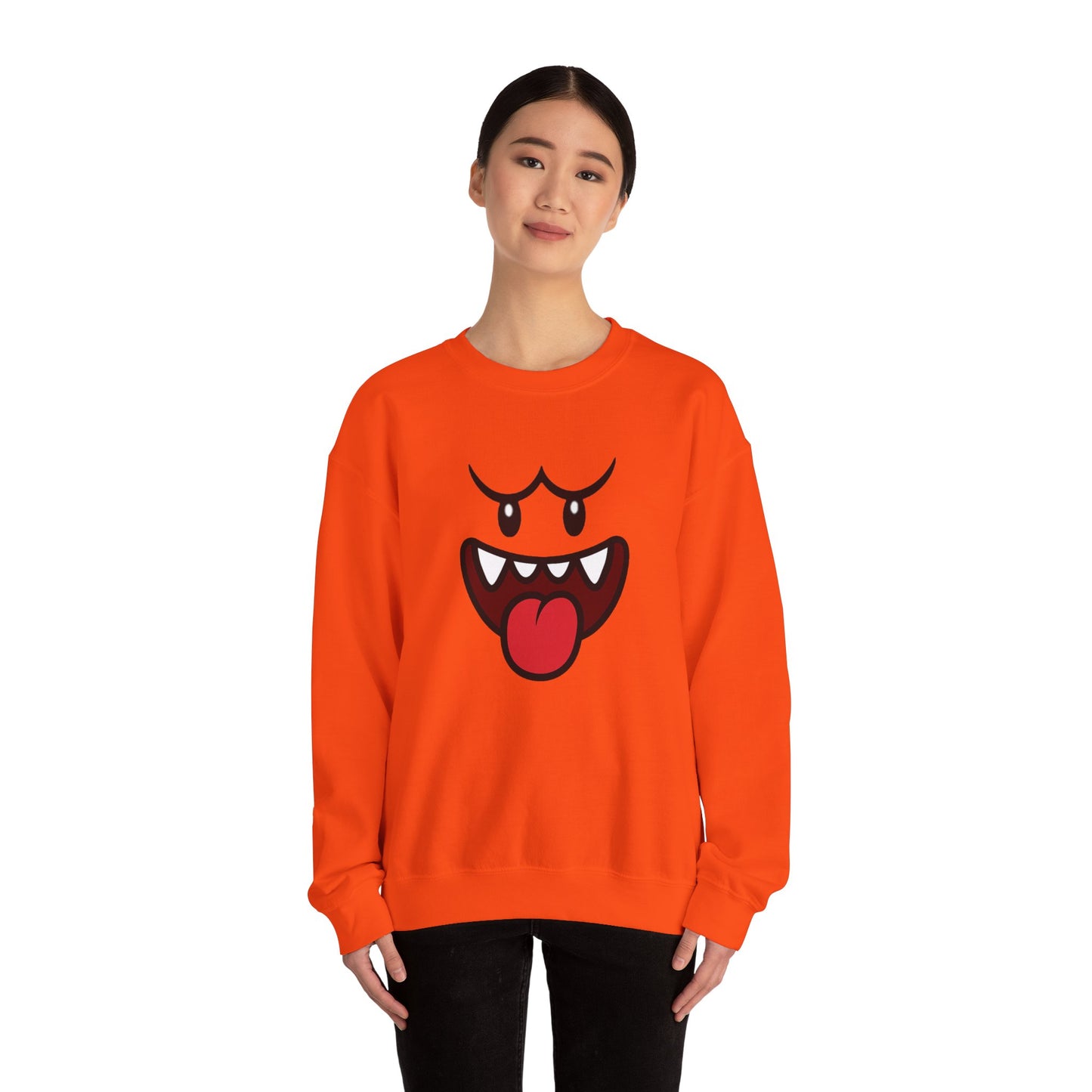 Spooky Grin Sweatshirt, Cartoon Ghost Face Crewneck, Halloween Grinning Ghost Sweatshirt, Cute Monster Smile Pullover, Spooky Season Graphic Sweat