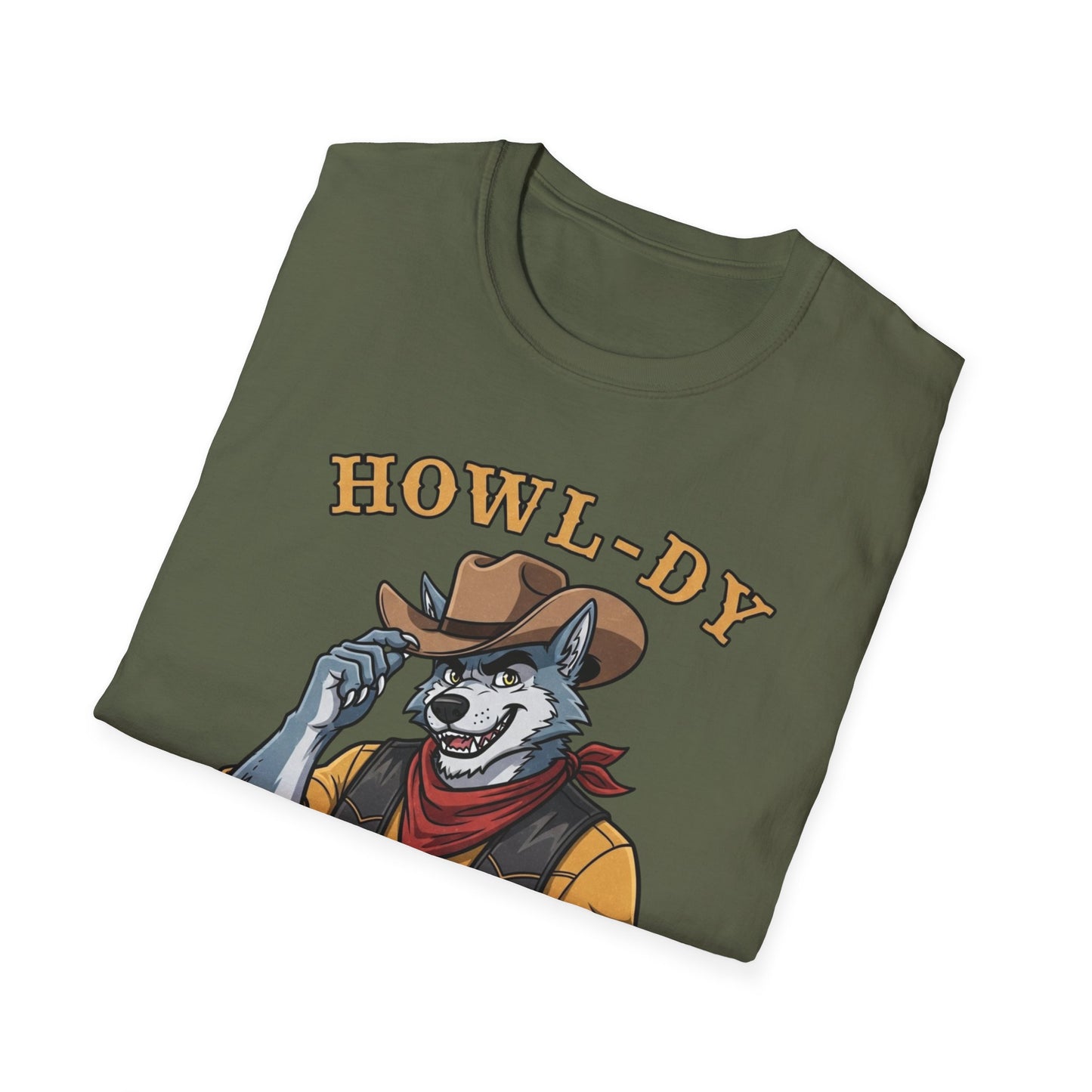 Howl-dy Partner Wolf Cowboy T-Shirt | Western Howling Wolf Graphic Tee, Funny Animal Shirt, Cowboy Gifts, Rustic Country Tee
