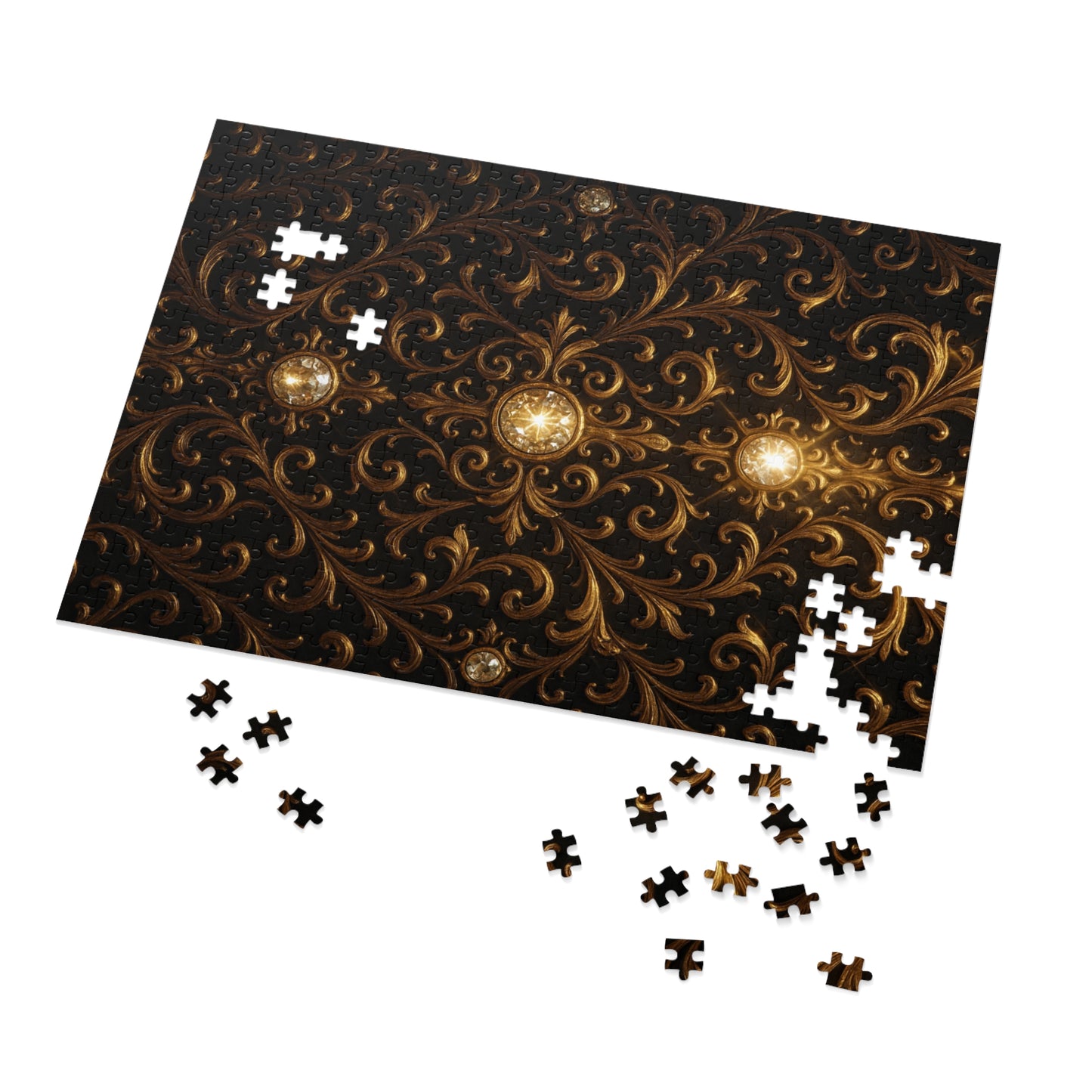 Baroque Gold Jigsaw Puzzle Elegant Gothic Puzzle for Adults, Black Ornate Scroll Pattern, Luxury Brain Game, Dark Aesthetic Gift Idea