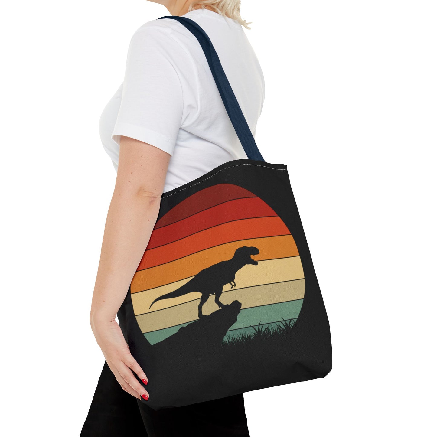 Retro Dinosaur Sunset Tote Bag | AOP Canvas Shopper - Eco Beach Bag for Dino Lovers and Kids, All-Over Print Summer Travel Gift