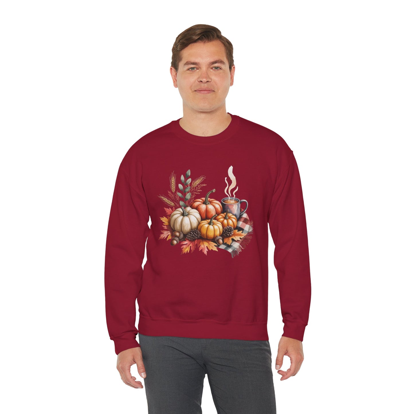 Fall Pumpkin Sweatshirt, Cozy Autumn Crewneck, Thanksgiving Sweater With Pumpkins And Coffee, Fall Leaves Pullover, Seasonal Gift