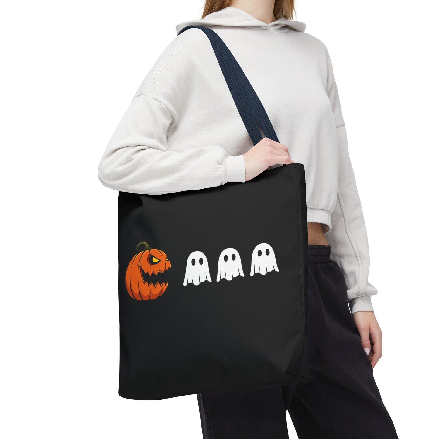 Halloween pumpkin ghost tote bag, spooky trick or treat canvas bag, ghost pumpkin design reusable tote, spooky season gift tote